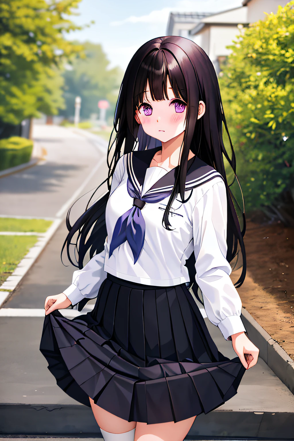 1girl, chitanda eru, long hair, black hair, school uniform, purple eyes, white shirt, white socks, pleated skirt, bangs, black sailor collar, neckerchief, black skirt, long sleeves, (skirt lift:1.3), standing, bow_panties, (frown:1.1)