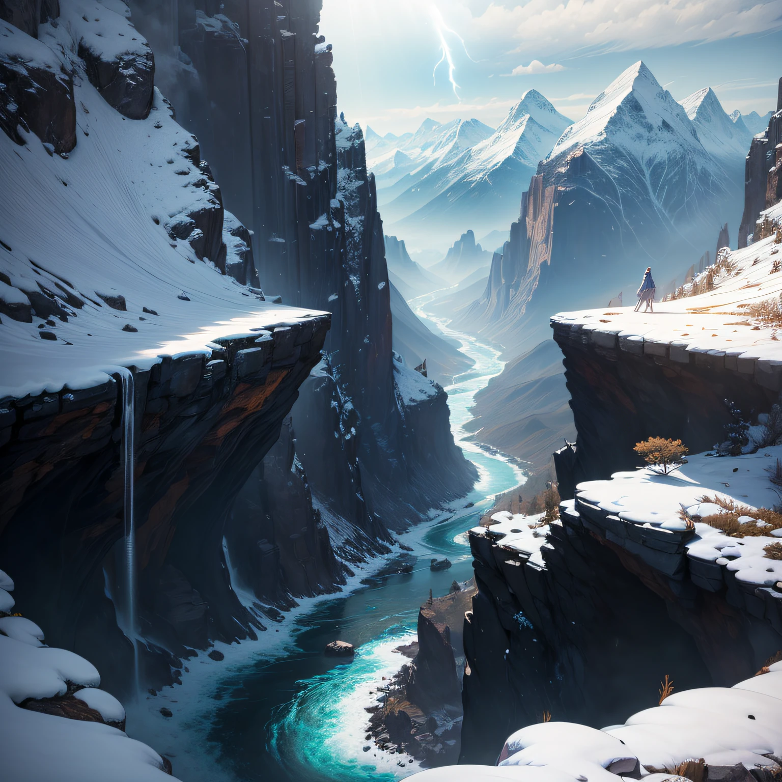 （the Extremely Detailed CG Unity 8K Wallpapers，tmasterpiece，best qualtiy，ultra - detailed），White robe magician，precipice，magia，blasts，raiden，mountains and rivers，Grandiose，Extensive，Divine Light --auto