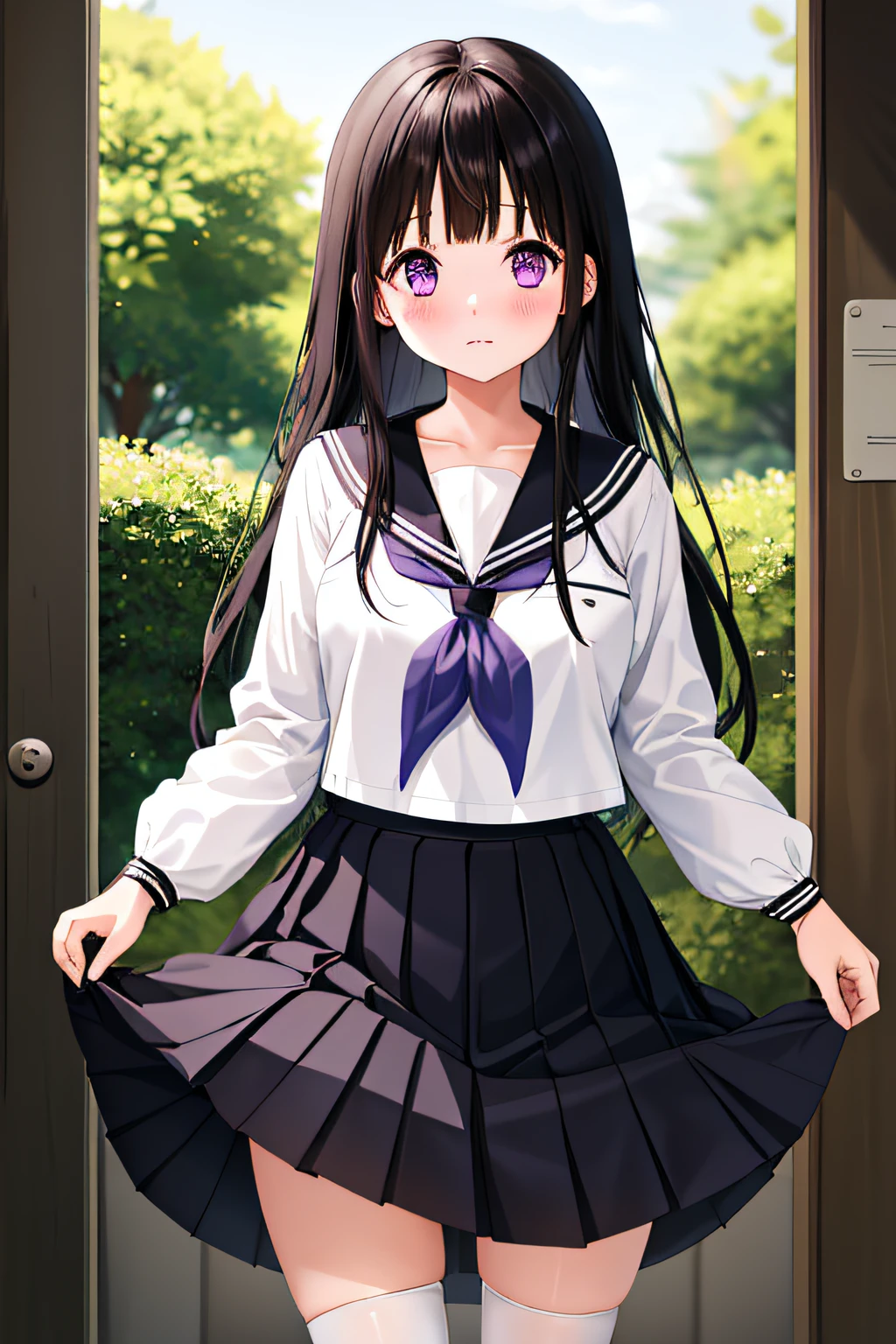 1girl, chitanda eru, long hair, black hair, school uniform, purple eyes, white shirt, white socks, pleated skirt, bangs, black sailor collar, neckerchief, black skirt, long sleeves, (skirt lift:1.3), standing, bow_panties, (frown:1.1)