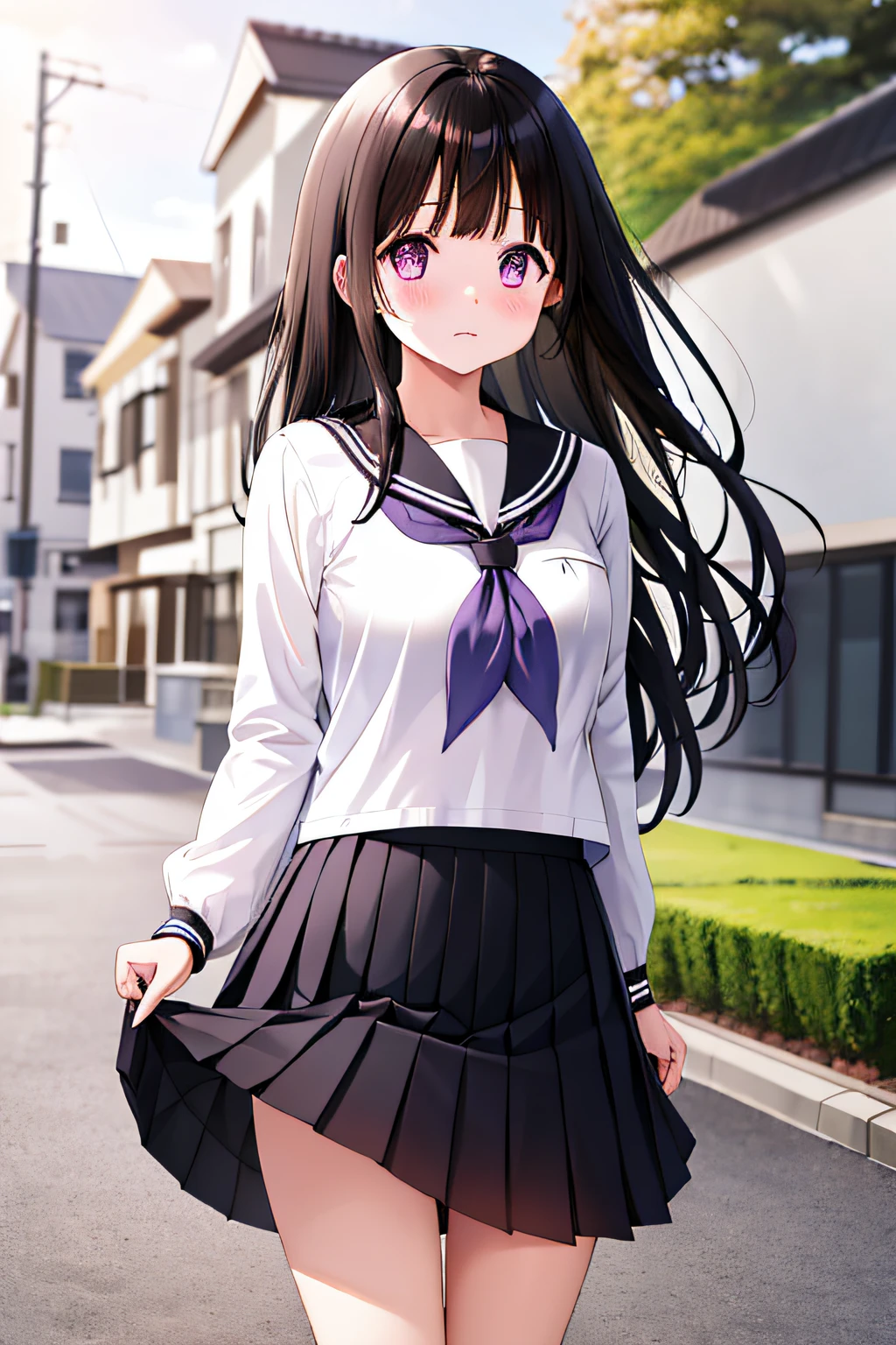 1girl, chitanda eru, long hair, black hair, school uniform, purple eyes, white shirt, white socks, pleated skirt, bangs, black sailor collar, neckerchief, black skirt, long sleeves, (skirt lift:1.3), standing, bow_panties, (frown:1.1)