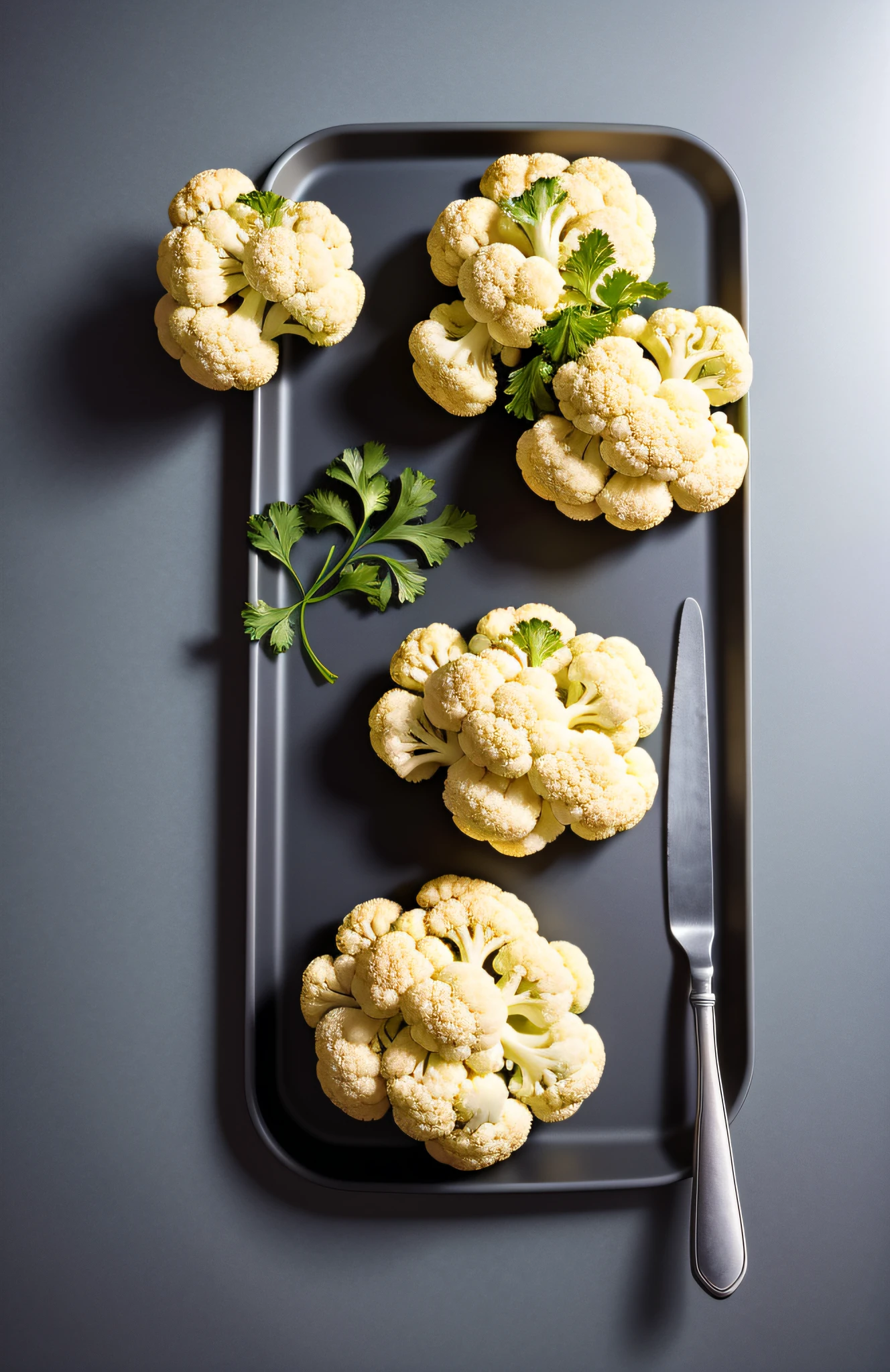 "In a pristine and minimalist kitchen setting, witness the natural charm of cauliflower as it becomes the star of this stunning photograph. The clean backdrop accentuates the cauliflower's essence, elevating it to a symbol of culinary creativity."