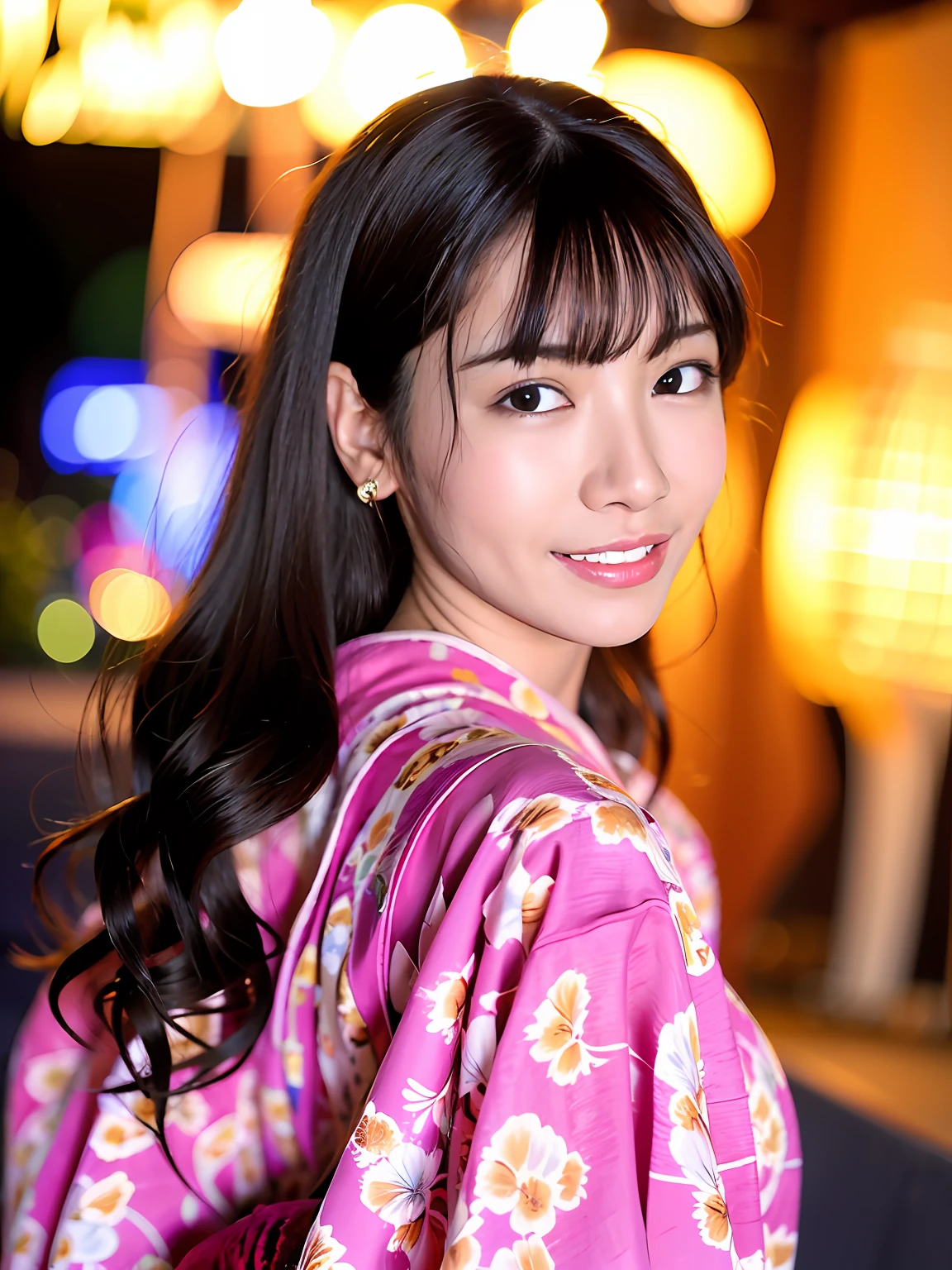 karen, 1girl, solo, realistic, lips, mole, black hair, SFW, kimono, photorealistic, best quality, ultra high res, outdoor, An amusement park,Colorful,Happy expression,Cute headband,back to look back,Amusement park rides and attractions in the background,Night setting,big breasts beautiful,tmasterpiece,best qualtiy,very highly detailed face,perfect litthing,best qualtiy,超高分辨率,Photoreality,ultra - detailed,tmasterpiece,best qualtiy,