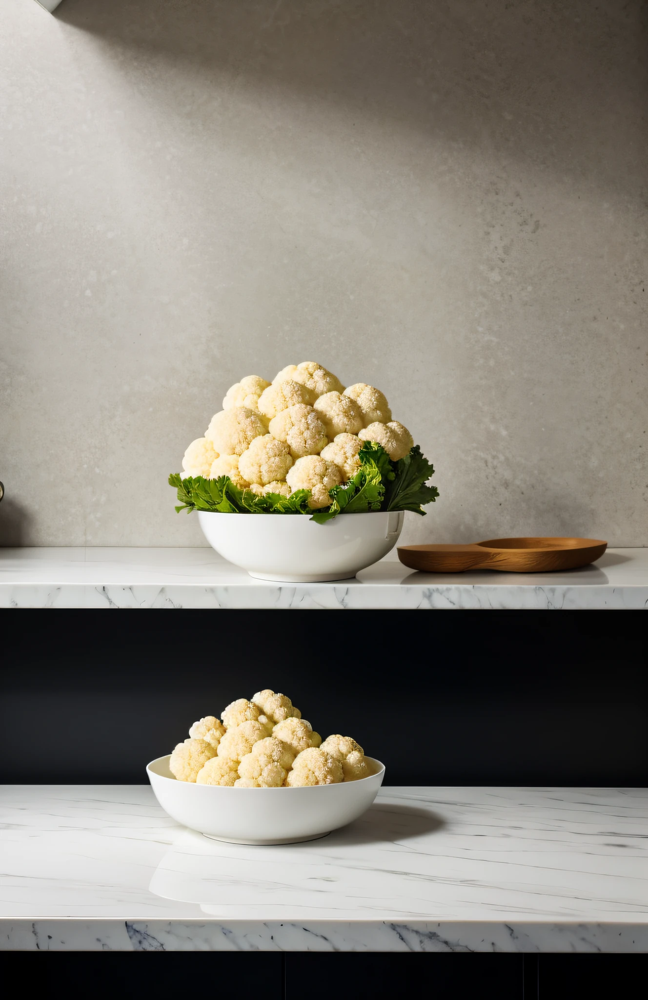 "In a pristine and minimalist kitchen setting, witness the natural charm of cauliflower as it becomes the star of this stunning photograph. The clean backdrop accentuates the cauliflower's essence, elevating it to a symbol of culinary creativity."