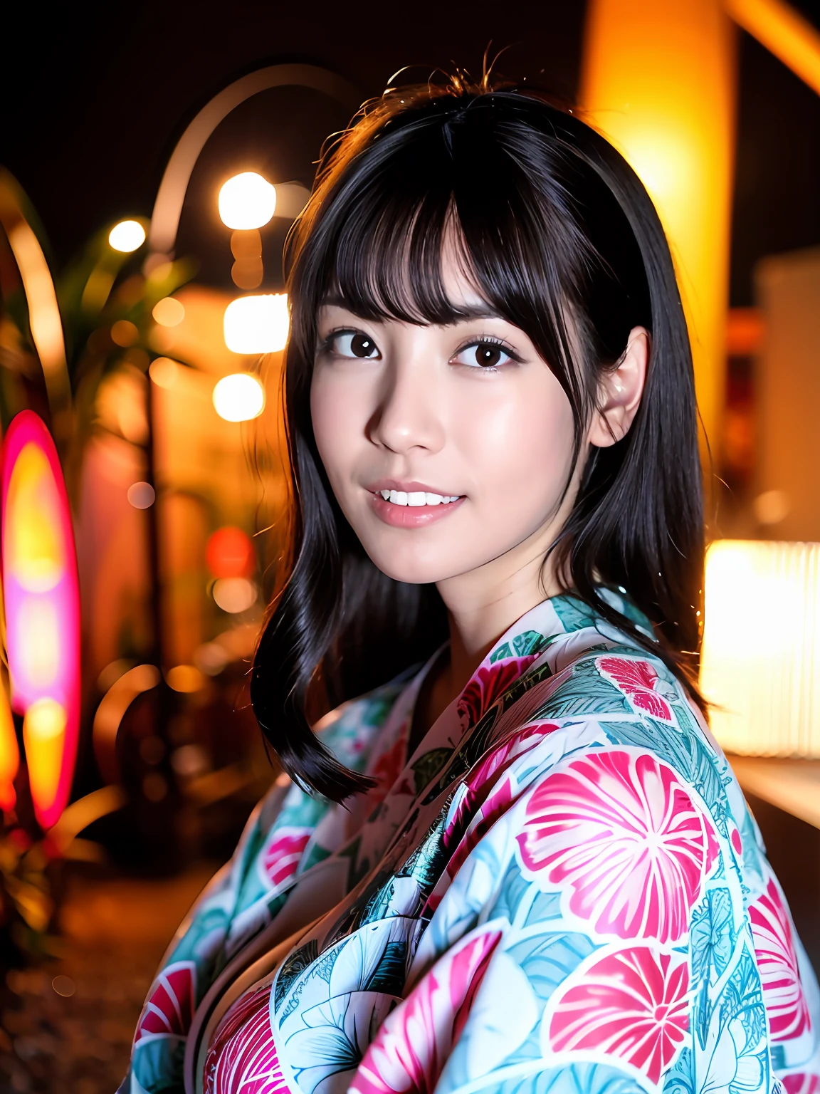 karen, 1girl, solo, realistic, lips, mole, black hair, SFW, kimono, photorealistic, best quality, ultra high res, outdoor, An amusement park,Colorful,Happy expression,Cute headband,back to look back,Amusement park rides and attractions in the background,Night setting,big breasts beautiful,tmasterpiece,best qualtiy,very highly detailed face,perfect litthing,best qualtiy,超高分辨率,Photoreality,ultra - detailed,tmasterpiece,best qualtiy,
