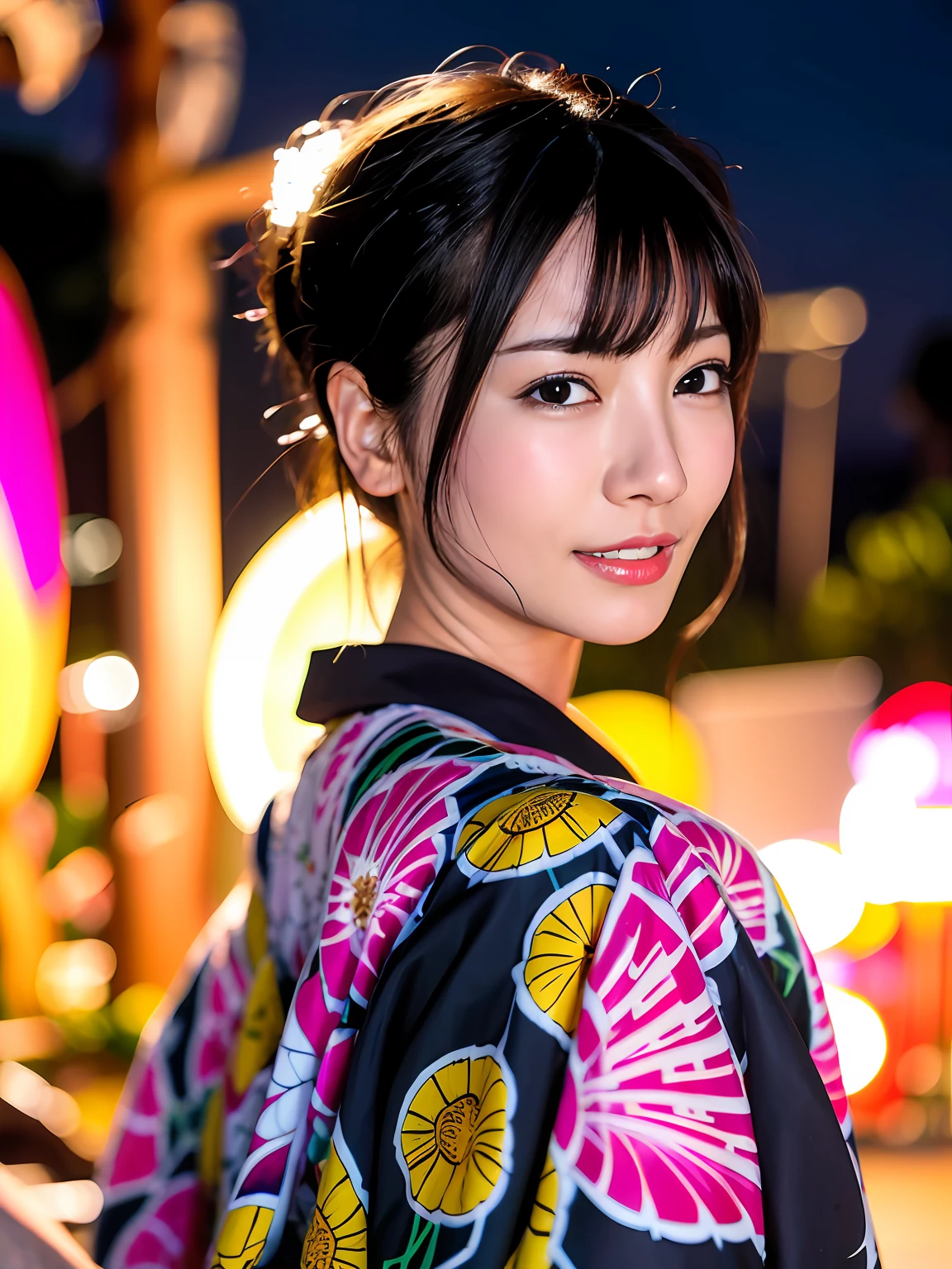 karen, 1girl, solo, realistic, lips, mole, black hair, SFW, kimono, photorealistic, best quality, ultra high res, outdoor, An amusement park,Colorful,Happy expression,Cute headband,back to look back,Amusement park rides and attractions in the background,Night setting,big breasts beautiful,tmasterpiece,best qualtiy,very highly detailed face,perfect litthing,best qualtiy,超高分辨率,Photoreality,ultra - detailed,tmasterpiece,best qualtiy,