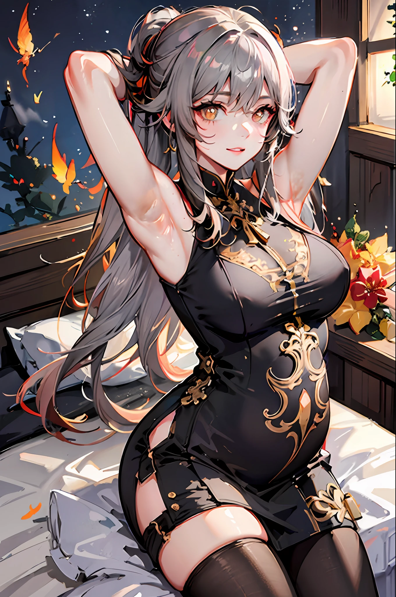 (((1个Giant Breast Girl)),Ray traching,(dim murky lights),[detailedbackground(Bedrooms)),((Silvery hair)),((Silvery hair)),(((((Fluffy silver hair,plump and slender girl))Wears a high ponytail)))Avoid golden eyes in the ominous bedroom((((Girl wears white shirt,Black wrinkled skirt,Wear yours with black sheer pantyhose),It shows a delicate and slender figure and beautiful curves,Correct limbs,sit on a bed,Put your hands behind your head,Put both hands behind your head,Pregnant belly,Pregnant belly,Pregnant women with