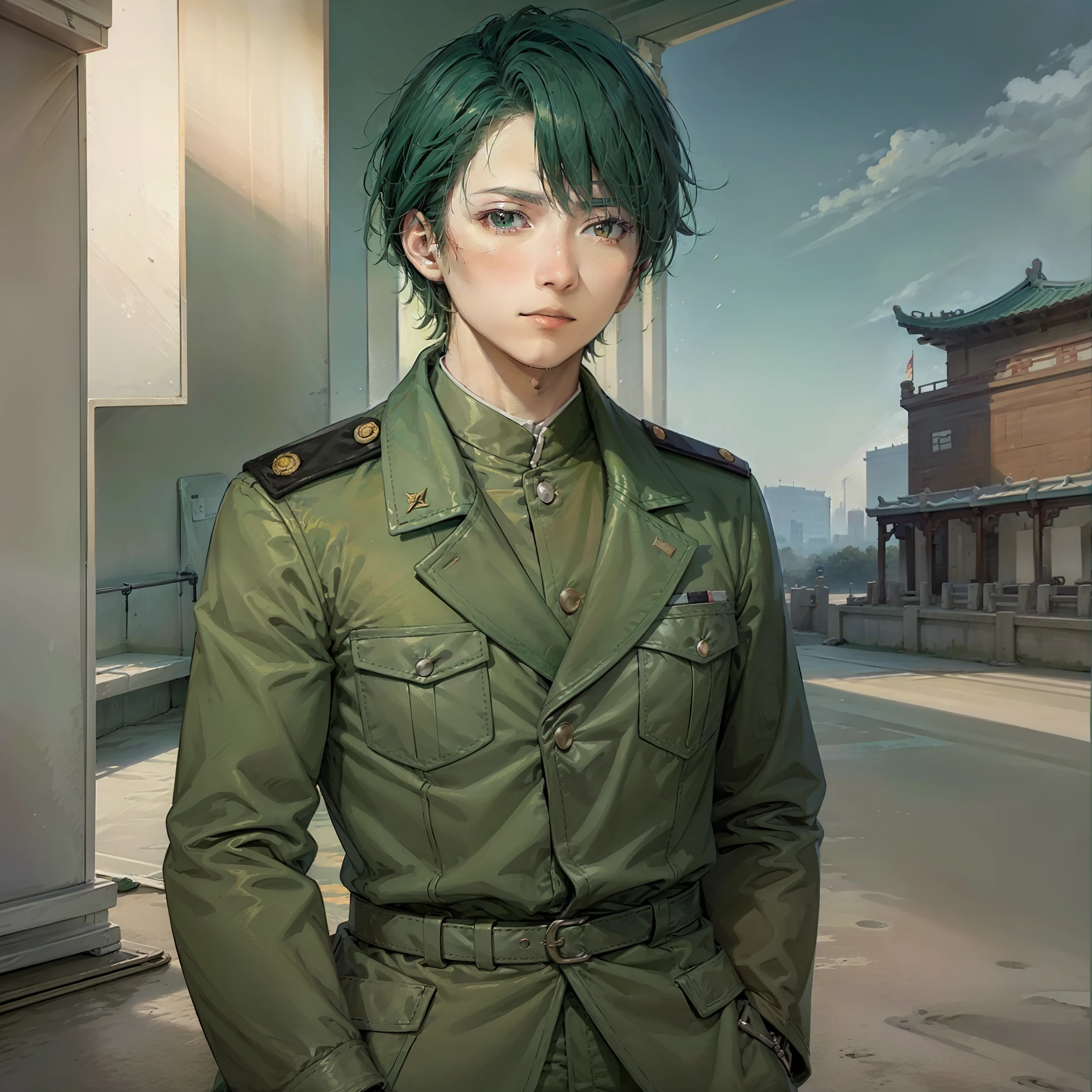 (best qualtiy,tmasterpiece),Oriental detail background,scenecy,(1man),youth,Green army coat,brunette color hair,Yellow skin, in Beijing,chinese,military officer