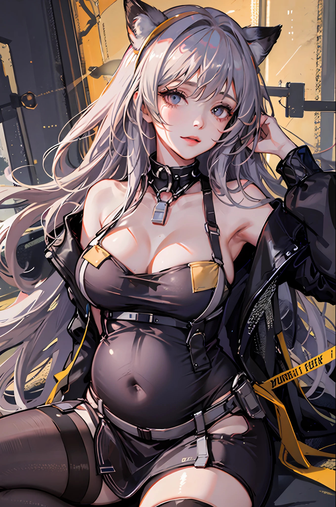 (((1个Giant Breast Girl)),Ray traching,(dim murky lights),[detailedbackground(Bedrooms)),((Silvery hair)),((Silvery hair)),(((((Fluffy silver hair,plump and slender girl))Wears a high ponytail)))Avoid golden eyes in the ominous bedroom((((Girl wears white shirt,Black wrinkled skirt,Wear yours with black sheer pantyhose),Showcase superb Hmong masterpieces, Best quality, (Detailed eyes and skin), ((Realistic)), , 1girll, Purple hair dress_Hair, golden colored_clothes, black_clothes, Blue_Eyes, Blue_sky, bblurry, bblurry_Background, bblurry_foreground, (modern_City:1.5), mediating_Breasts, Exercise_bblurry,photore_\(curly\),long whitr hair,Skysky,独奏,Full body body,Pregnant belly,Beth,Showing the belly,youthfulenergy,18-year-old girl,adolable,Two-dimensional painting style,Pregnant women with,Best quality, 8K, High quality,, hair adornments, hair-bun, Long hair, bangs, bow, maid headdress, upper legs, Stockings, white thighhighs, cleavage cutout, Face focus, Close-up of a corpse in the distance, (Heart-shaped pupils:0.9), (Blush:0.65), (1girll, Solo:1.4), Cityscape, Blue sky, Bright sky, Sunny, holding flower, Large breasts, Detailed background, Detailed clouds,Pregnant belly,Two-dimensional painting style,(Masterpiece), Best quality, Fine details, Highest picture quality, Masterpiece,exquisite CG,1girll,Closed mouth,Brown eyes,Long hair,bangs,Bare shoulders, cleavage,(Big breasts:1.4),Bare arms,navel,Lace,a garter belt,Thighs,,White pantyhose,water,hyper pregnant,Girl,SushangV4,Yae,SideBraid,Black bandeau,black lence stockings,Beautiful figure,Beautiful curves,Correct limbs,sit on a bed,Put your hands behind your head,Put both hands behind your head,Pregnant belly,Pregnant belly,Pregnant women with