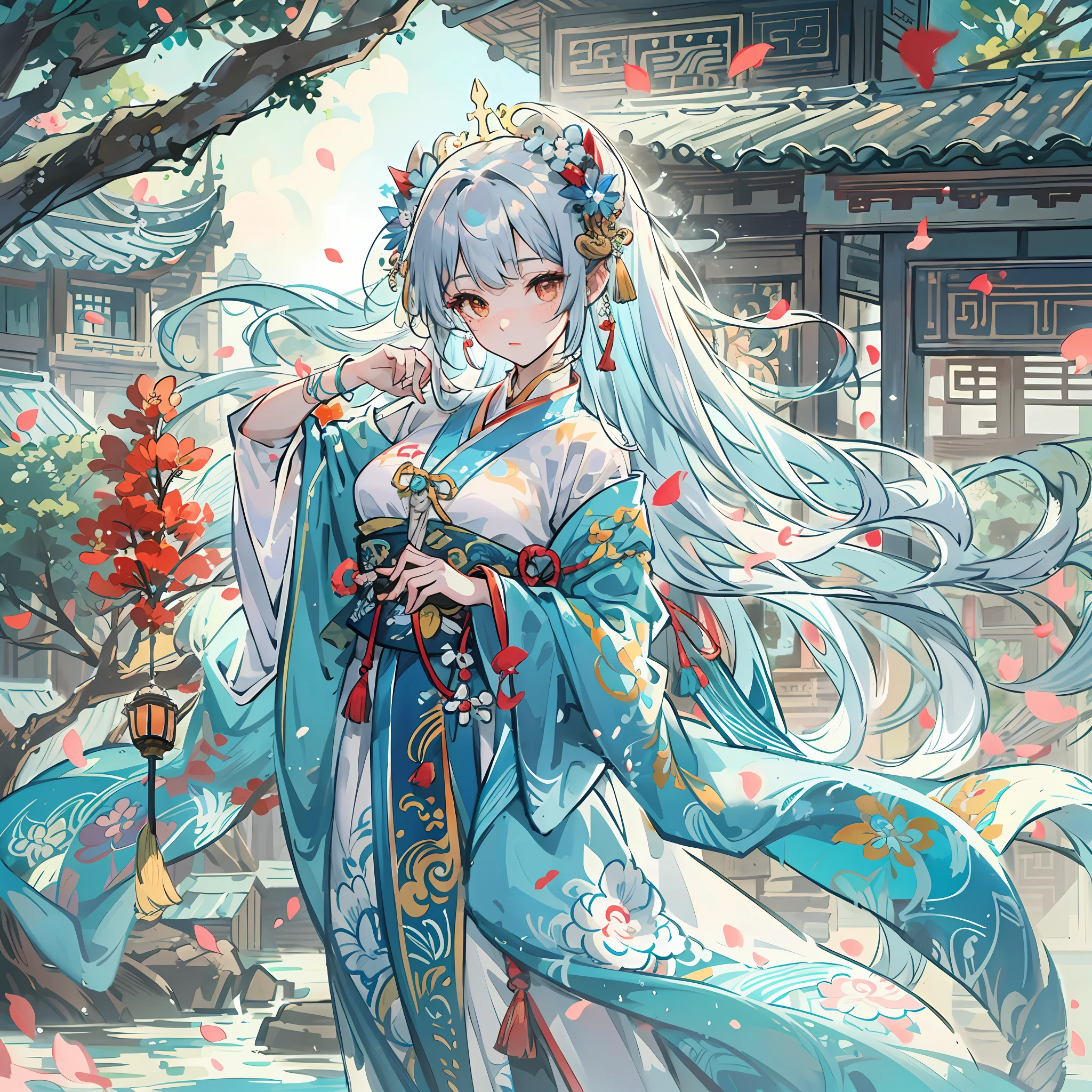 Mature girl ，Dark orange eyes，Blue-white hair color，Floating hair，Delicate and agile eyes，Intricate damask hanfu，Gorgeous accessories，Wearing pearl earrings，fov，f/1.8，tmasterpiece，Ancient Chinese architecture，blue-sky，Petals flying，Frontal portrait shot，Chang'e，Side lighting，The sun shines on people，16k