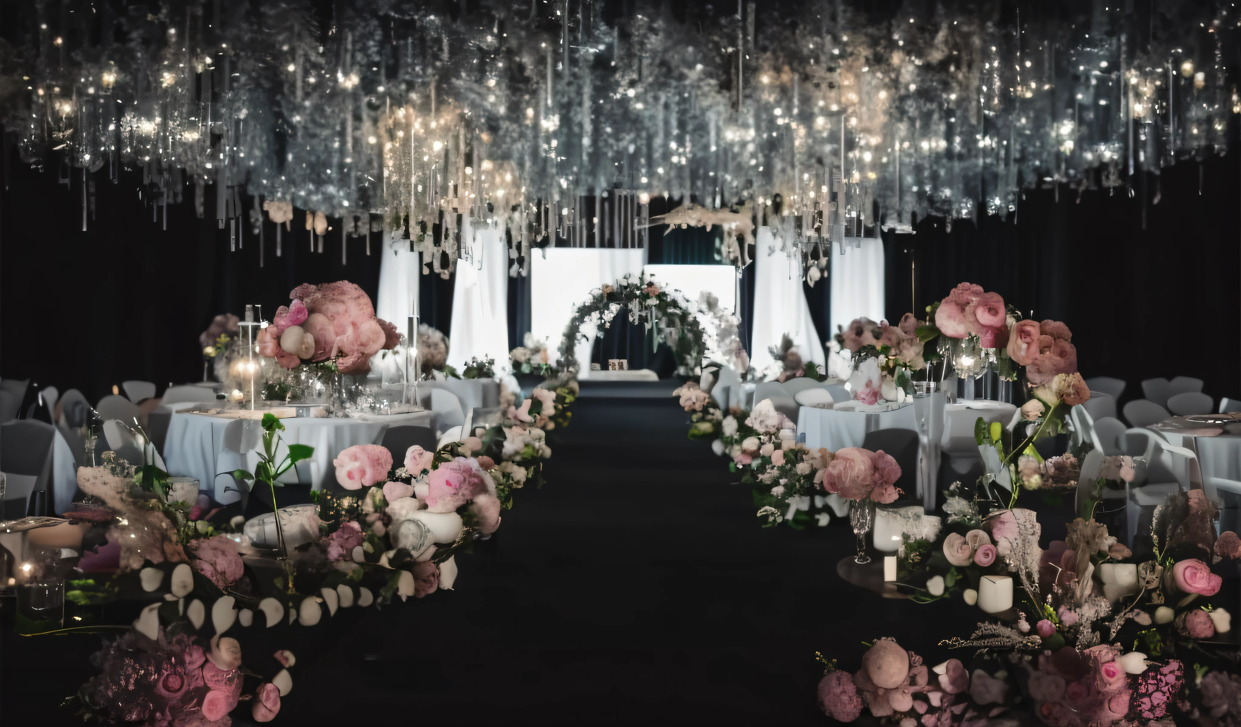 florals,  (photorealestic:1.5), （Good shadows），Good construction，Volumetriclighting，cinematic ligh，（HighestQuali，Award-Awarded，tmasterpiece：1.5），chies，Wedding hall，Wedding design renderings，Clearer，8K，超高分辨率，The theme color is purple，Beautifully furnished，3Drenderingof，Wedding banquet hall，Interior design