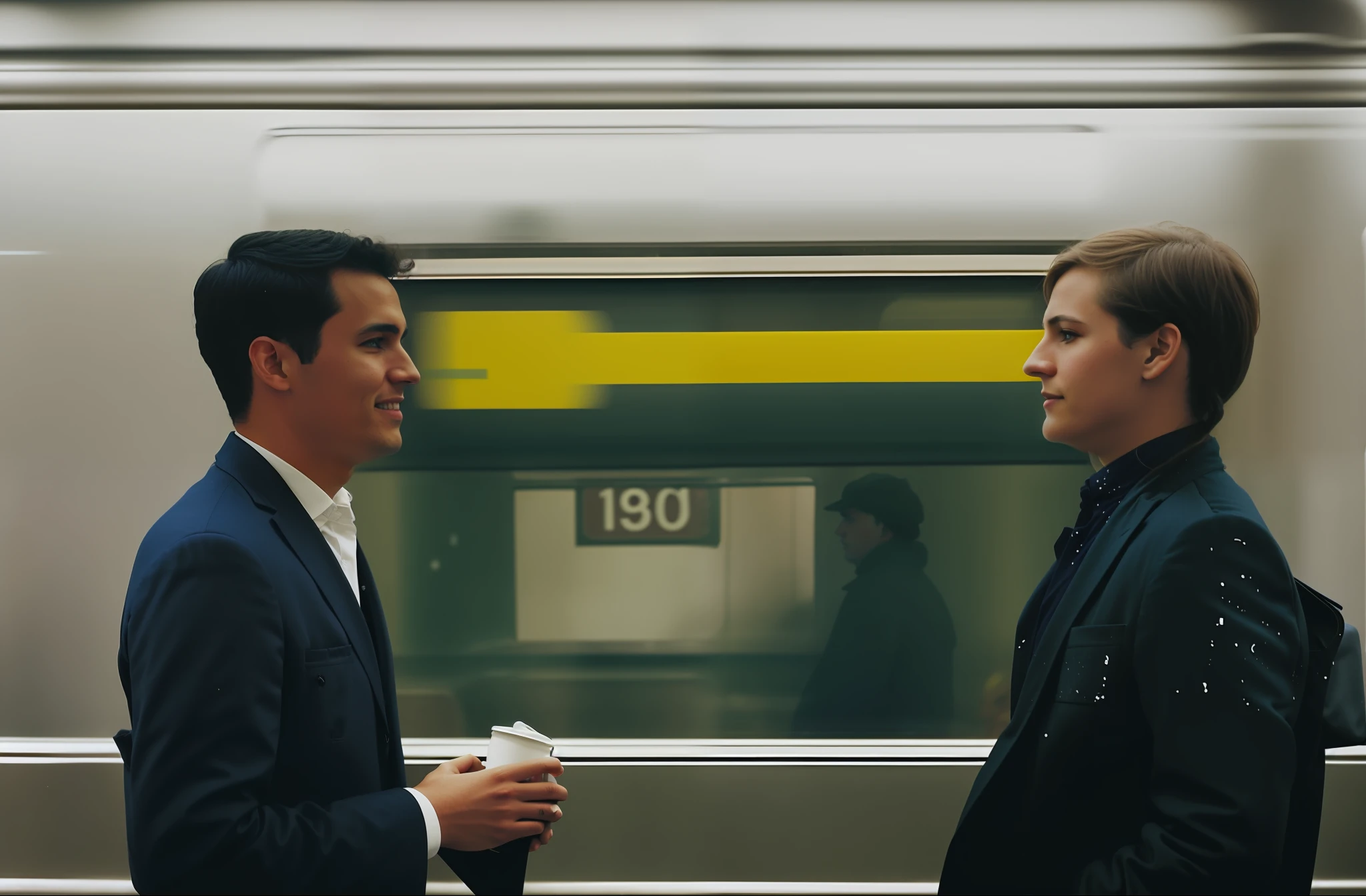 Background subway passing by,The person on the left holds coffee