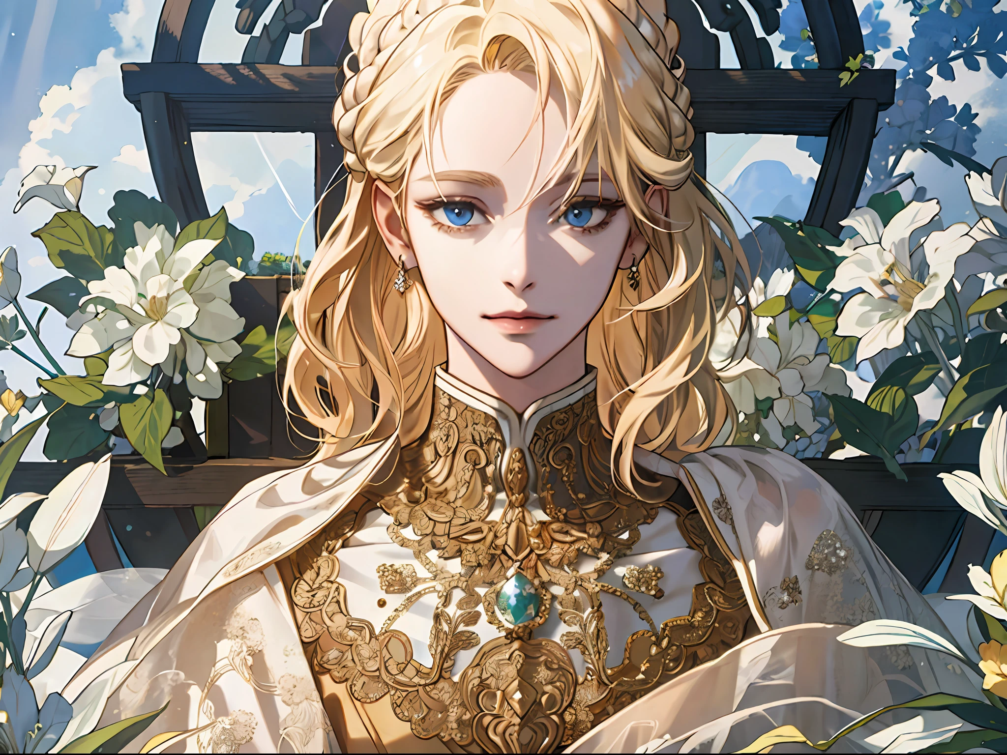 fantasy-style, (extremely delicate and beautiful:1.2), 8k,(masterpiece:1.0),(best_quality:1.0), 1girl, mature woman, complex details, enlarged textures, complex details, finely detailed eyes and detailed face, intricate details, platinum-blonde hair, royal dress, (closed mouth), perfect eyes, equal eyes, light smile, (goddess)