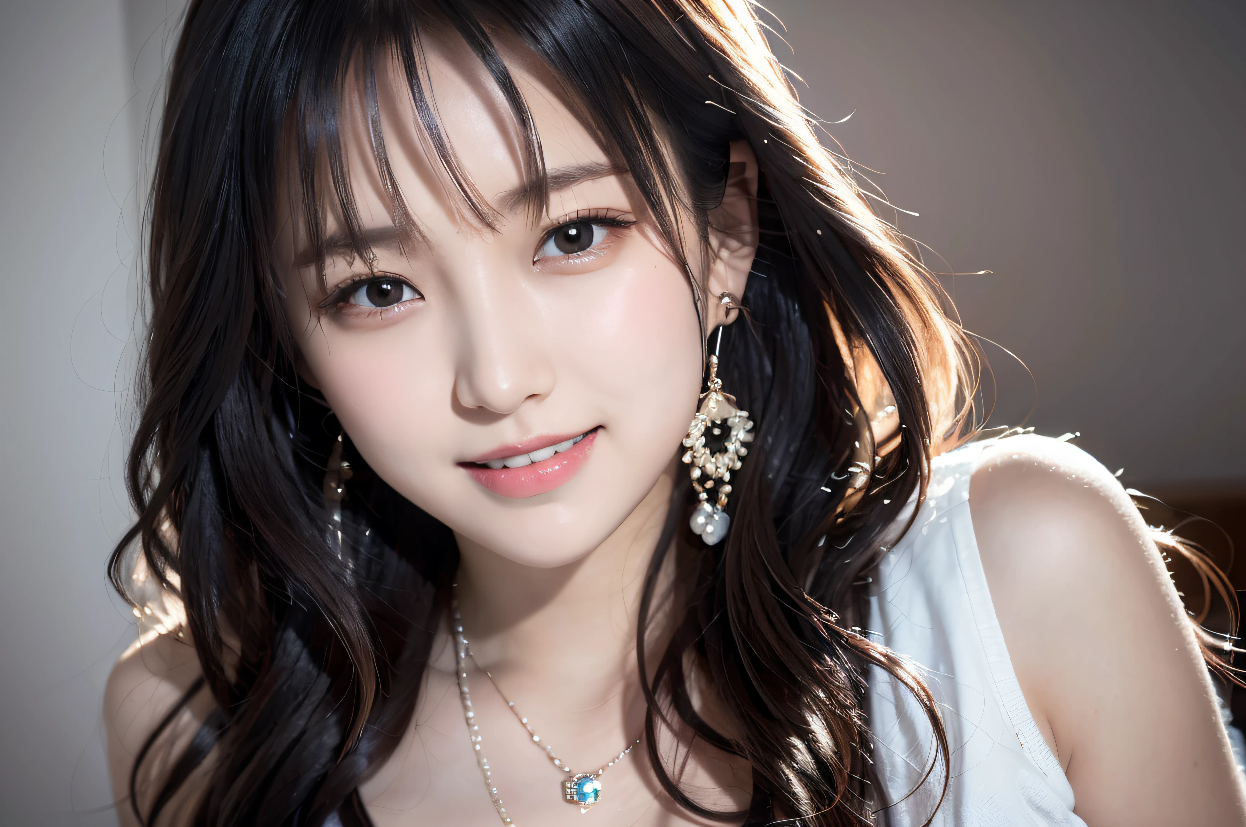(8K,tmasterpiece),(Pure and charming girl:1.3),Wear a vest,full bodyesbian, Black color hair,Big wavy long hair, Very detailed face and skin texture, A detailed eye, 二重まぶた, Pale cheeks, Glossy glossy skin, Moist eyes:1.2, Shiny earrings and necklace, Glossy lips:1.4, White skin of the:1.2,Natural medium breasts, (Sweet smiling:1.2), (looking at viewert), (tiny mouth:1.2),Home,fully body photo,Ultimate detail