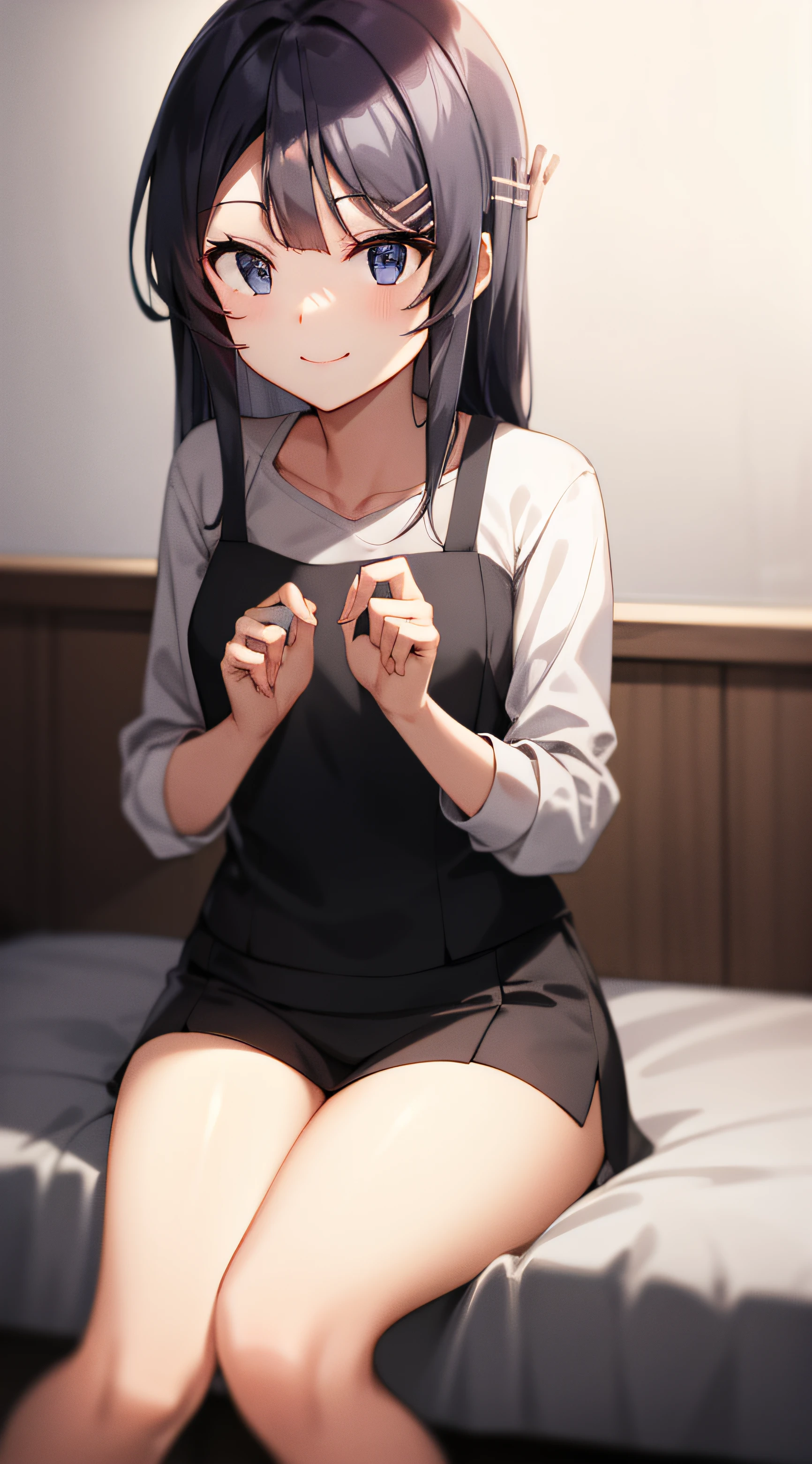 sakurajima mai，Sit on the bed，The light is pale，With a smile，Wear ultra-short JK，Black ultra-thin stockings，is shy，Movement to touch the chest