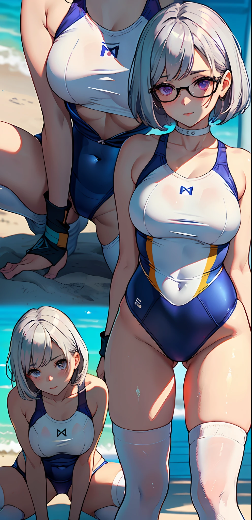 NSFW、1 girl,​masterpiece、beautiful  lighting、Detailed beautiful face、Detailed beautiful eyes、hight resolution、Ultra-fine illustration、extremely delicate and beautiful、top-quality、The whole body is shown:1.5、Sandy beach background、eye glass、low angles、(Cute),(Silvery hair、short-cut、bob cuts、Eyes are purple)、(drooing eyes:1.2、The eyes are detailed and beautiful),Curvaceous, A smile、(shinny hair, Glossy eyes, shinny skin), (glistning skin,de pele branca) 、(Recurve the body、up chest)、crouching down、open one's legs、Open knees、Emphasis on the chest、Emphasized crotch、(Competitive swimsuit:1.2)、gloves、(elbowgloves)、thighs thighs thighs thighs、Watch your audience、under the boobs、blushed、thick thighs、(White knee-high socks:1.3)、Blushing cheeks、(abdominals)、The navel is visible