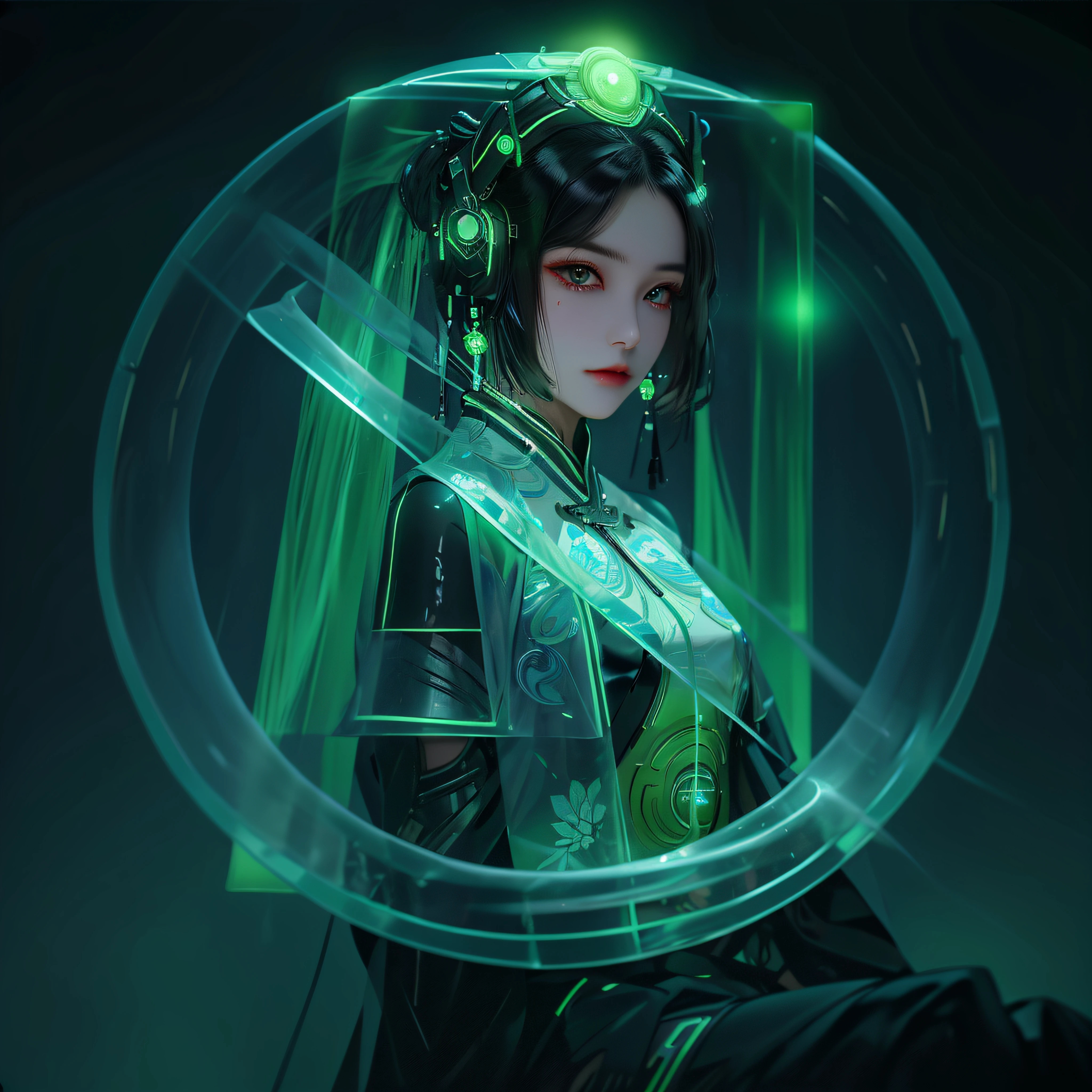 1 rapariga, Chinese_clothes, Liquid green titanium and black, Cyberhanfu, on cheongsam, Cyberpunk-city, dynamicposes, Details illuminated headphones, luminous hair ornaments, long whitr hair, Luminous earrings,Glowing necklace,cyber punk perssonage, a high-tech city, full of machinery and futuristic element, afofuturism, technologies,luminous neon lights,green color,Green light,Translucent black tulle,black ribbon,laser,Digital background city sky,large moon,There are vehicles,Best quality at best,tmasterpiece,8K,Character edge light,hyper-high detail,high qulity,The most beautiful woman in man,Slight smile,The face is symmetrical to the left and right facing the front,Ear decoration,beautiful pupil,Light effects,visual data,Dark black hair,Ultra-detailed facial texture,Black gloves in glossy leather,elevation shooting