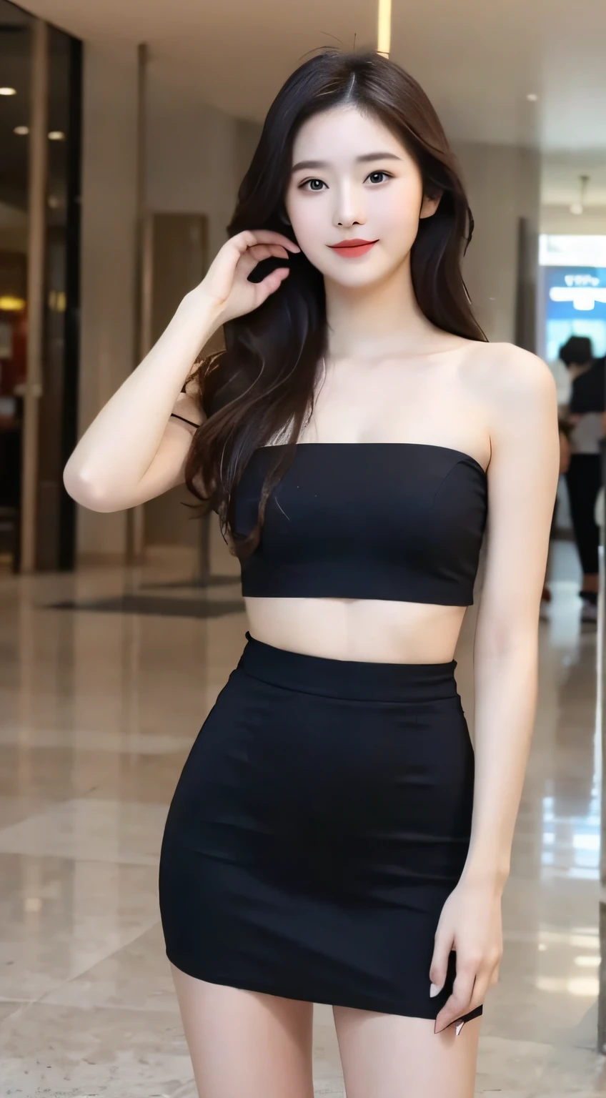 A girl around 25 years old,simplicity,Extremely beautiful and delicate,(light make-up),black color hair,A sweet smile,Delicate and beautiful fair skin,Realistic and realistic,exquisite and complete facial features,Detailed depiction of the face,tall nose bridge,Red lips,Beautiful, gentle and beautiful girl,Smooth hair,Extremely delicate hair,Feminine temperament,Fill your face light,hyper realisitc,photorealestic,8K quality,extremy detailed,Realistic details,Works of masters,Realistic to the extreme,big breasts body,Beautiful,Pure desire,Stunning beauty,Peerless beauty,Highest image quality,8K分辨率,goddes,ssmile,Fine facial features,Hair over the shoulder,A brown-haired,Large long thick legs,(((High-waisted French top))),(((short skirt))),rays of sunshine,facing at camera,The body is well-proportioned and firm,Gentle eyes,exposing thighs,stand posture,Stand inside the mall,Full body photo