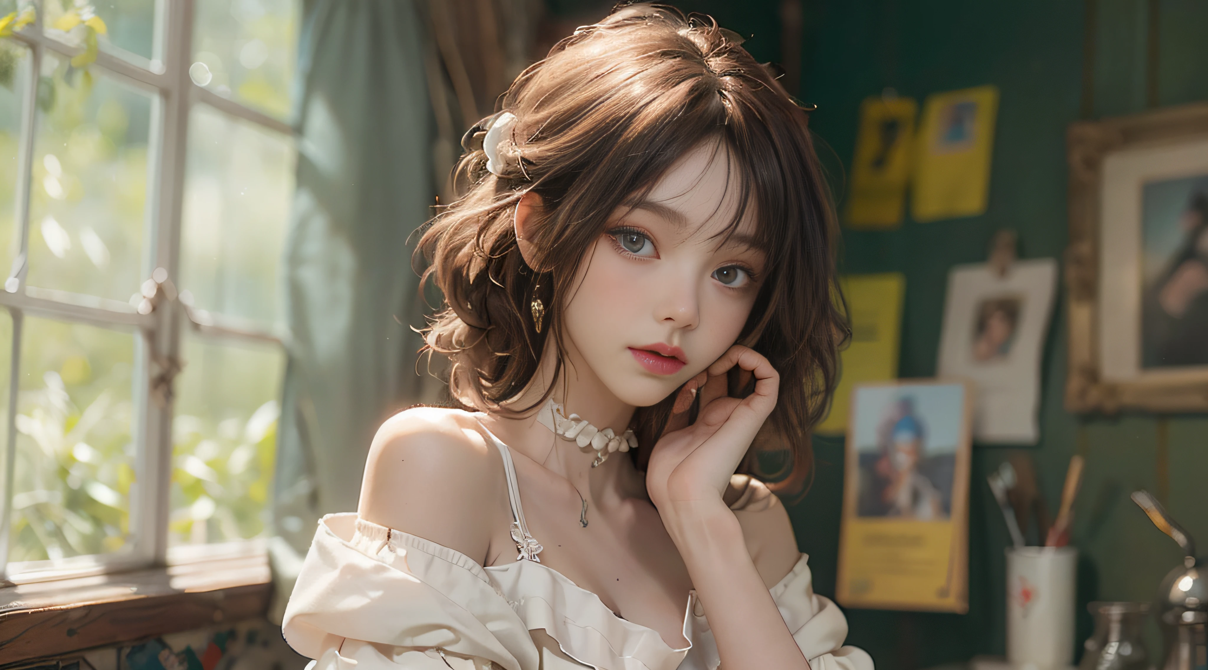 ((Best Quality)), ((Masterpiece)), (Detail: 1.4), 3D, Beautiful Cyberpunk Female Image, HDR (High Dynamic Range), Ray Tracing, NVIDIA RTX, Super Resolution, Unreal 5, Subsurface Scattering, PBR Texture, Post-Processing, Anisotropic Filtering, Depth of Field, Maximum Sharpness and Sharpness, Multi-layer Texture, Albedo and Highlight Mapping, Surface Coloring, Mitsu-Accurate Simulation of Material Interactions, Perfect Proportions, Octane Rendering, Two-color Light, Large Aperture, Low ISO, white balance, regular three-point, 8K RAW, beautiful bright pupils, off-the-shoulder clothes, fine pupils, delicate face and eyes, long eyelashes, blush, delicate and fluffy hair, pink lips, pure, cute, sweet girl, artistic sense, casual wear, high-end sense
