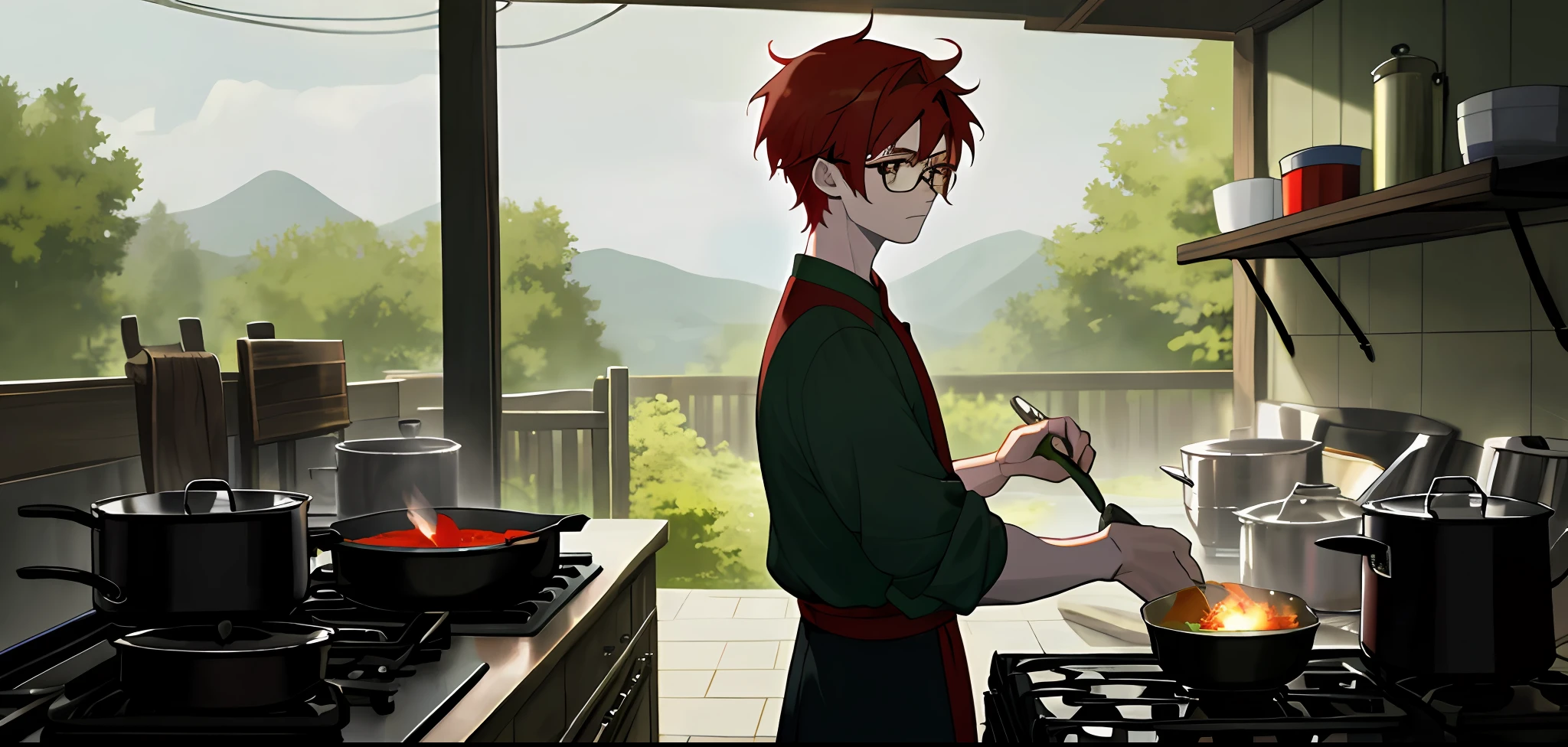 (masterpiece, best quality), Anime boy, young man, solo, 1 boy solo, red hair, messy red hair, messy short red hair, pale skin, dark under eyes, dark eyebags, tired, modern clothes, peaceful scenery, beautiful soft lightning, detailed, glasses, black glasses, dark green eyes, serious face, cooking, a young man cooking, cooking outdoors, cooking outside
