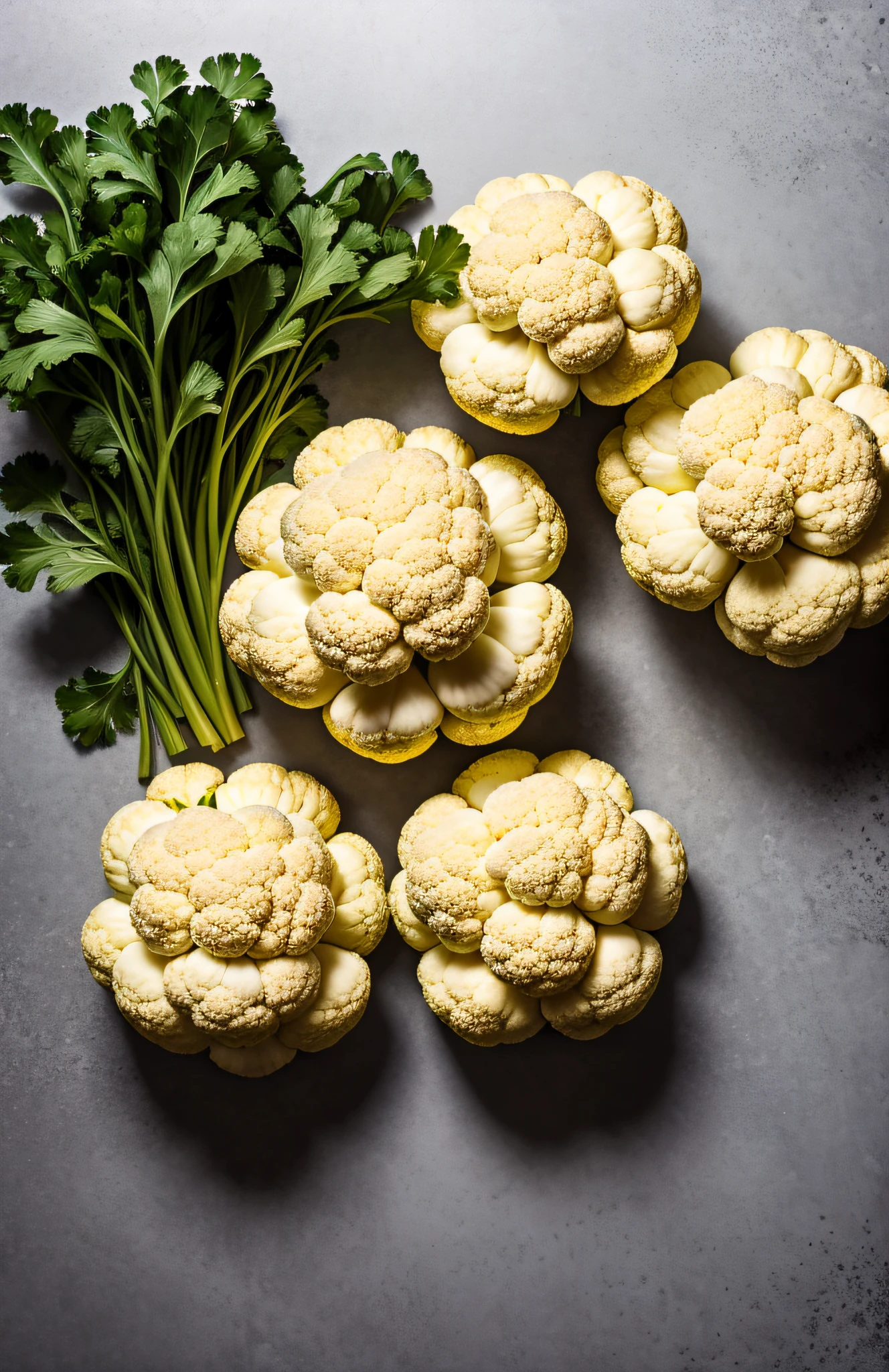 "In a pristine and minimalist kitchen setting, witness the natural charm of cauliflower as it becomes the star of this stunning photograph. The clean backdrop accentuates the cauliflower's essence, elevating it to a symbol of culinary creativity."