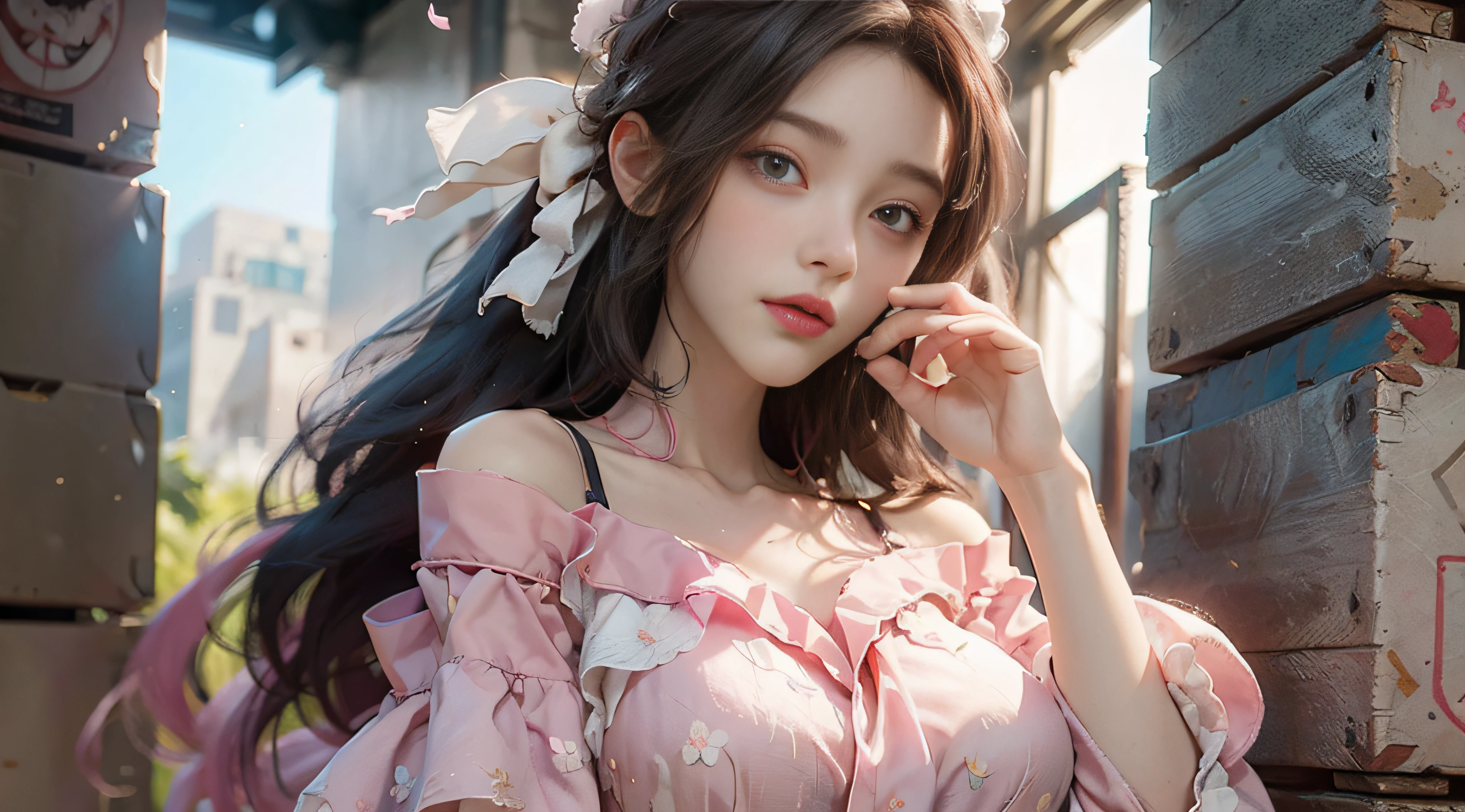 ((best qualtiy)), ((tmasterpiece)), (detail:1.4), 3D, Beautiful cyberpunk female images,hdr(HighDynamicRange),Ray traching,NVIDIA RTX,Hyper-Resolution,illusory 5,Sub-surface scattering,PBR textures,post-proces,Anisotropy Filtering,depth of fields,maximum definition and sharpness,Many-Layer Textures,Albedo e mapas Speculares,Surface coloring,Mitsu-Accurate simulation of material interactions,perfectly proportioned,rendering by octane,Two-colored light,largeaperture,Low ISO,White balance,Rule three points、8K raw data、beautiful bright pupils,off-the-shoulder clothes,Fine pupils,Delicate face and eyes,long eyelasher,Blushlush,Delicate and fluffy hair,Pink lips,Pure,Cute big breasts,Sweet girl,Artistic sense,Casual wear,Advancedsense,butterflys,Cherry blossom petal,Beautiful hair accessories