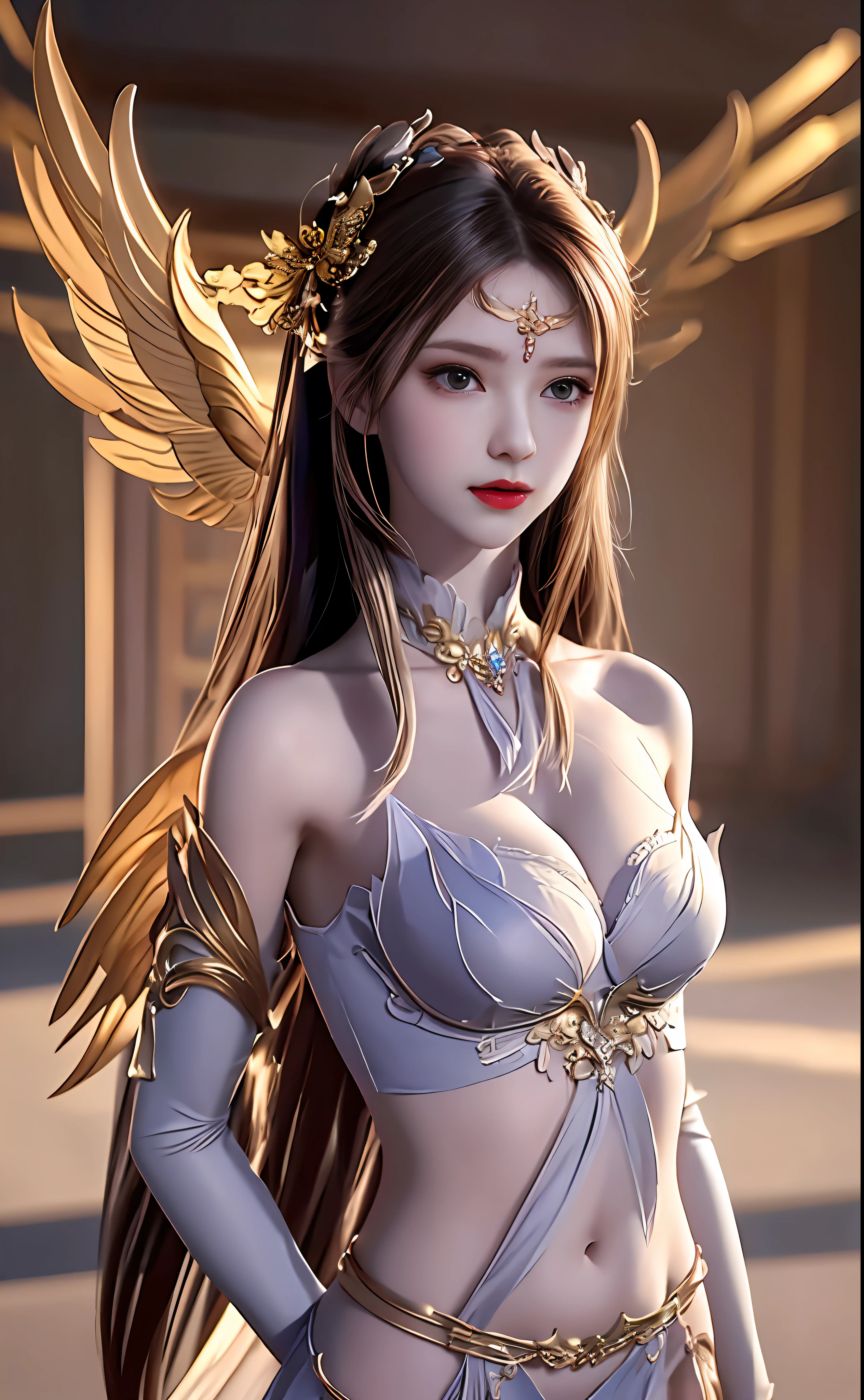 ((masterpiece, best quality;1.3)), ultra - detailed,plethora of colors,extremely detailed and beautiful background,1girl,独奏,highly detailed beautiful face,beautiful face,Angelic,Detailed angel costume in gold,Wings Angel,feater,Fantasy landscape,epic,The sword,holdingsword,undefined,Qiancheng Xue,Clear belly pocket,Erotic lingerie,with hands behind her back