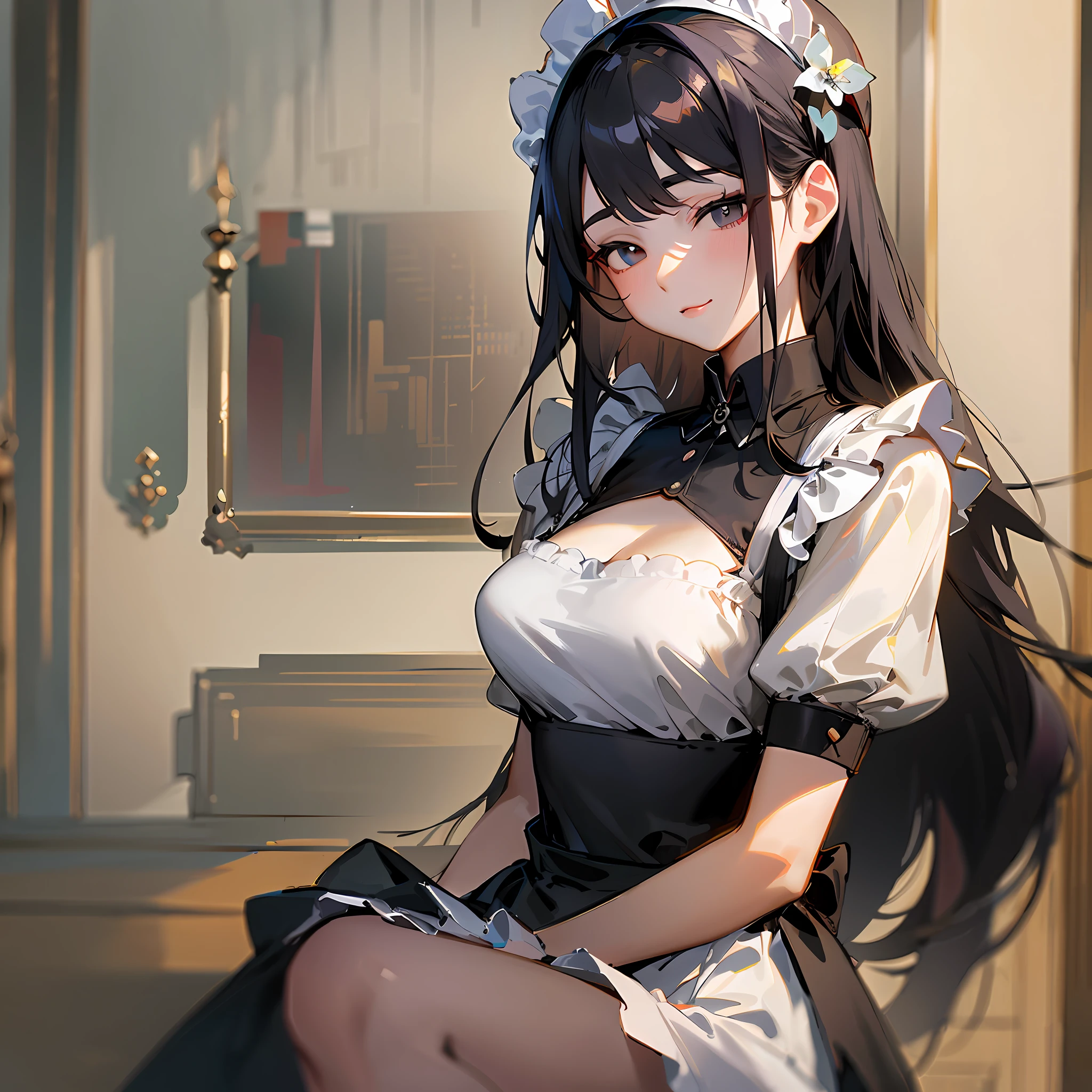 anime character with long black hair and white dress posing for a picture, gorgeous maid, anime girl in a maid costume, maid outfit, in dress, guweiz on pixiv artstation, guweiz on artstation pixiv, maid, small curvy lolitwork in the style of guweiz, cute anime waifu in a nice dress