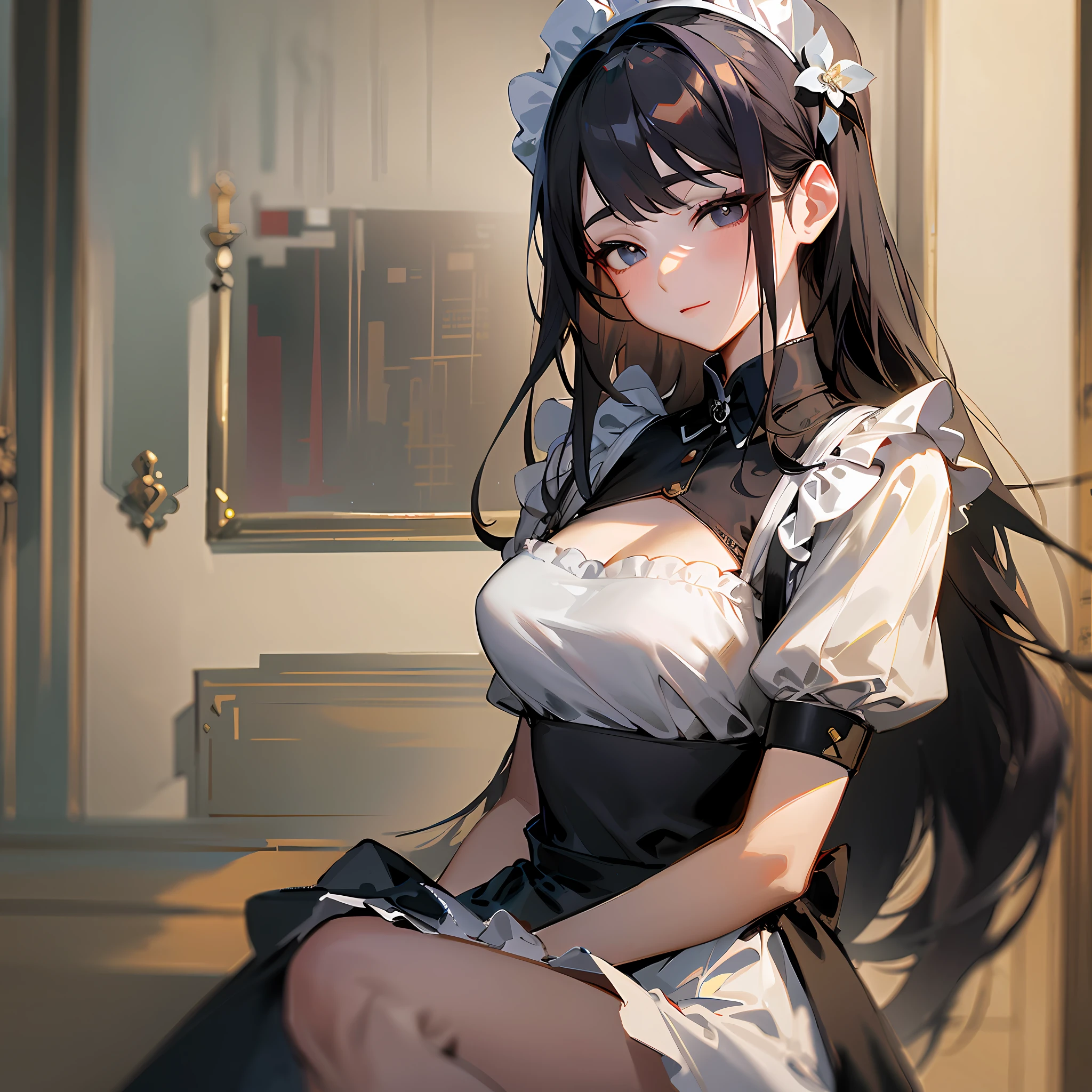 anime character with long black hair and white dress posing for a picture, gorgeous maid, anime girl in a maid costume, maid outfit, loli in dress, guweiz on pixiv artstation, guweiz on artstation pixiv, maid, ??????????? loli, artwork in the style of guweiz, cute anime waifu in a nice dress