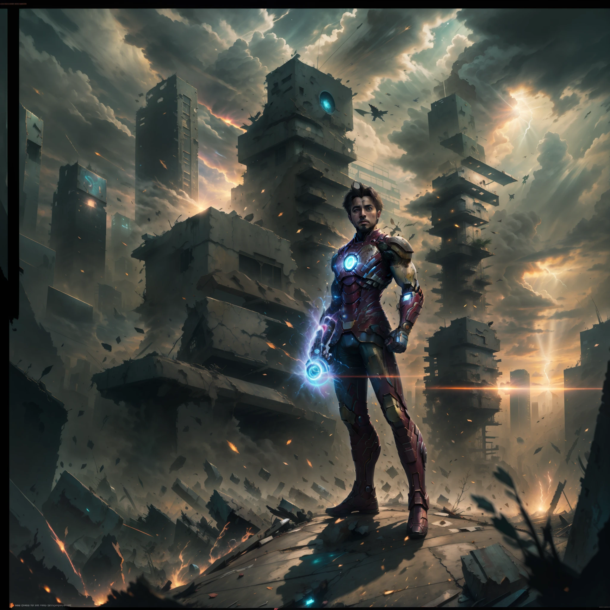 Iron Man，karo，superhero pose，standing in a ruined city at sunset，ultra - detailed，smog，spark of light，rays of sunshine，(8k)，realisticlying，，awardwinning，Cinematic lightning，，cinematic ligh， ，Scratches，Full body photo，closeup cleavage，， --auto