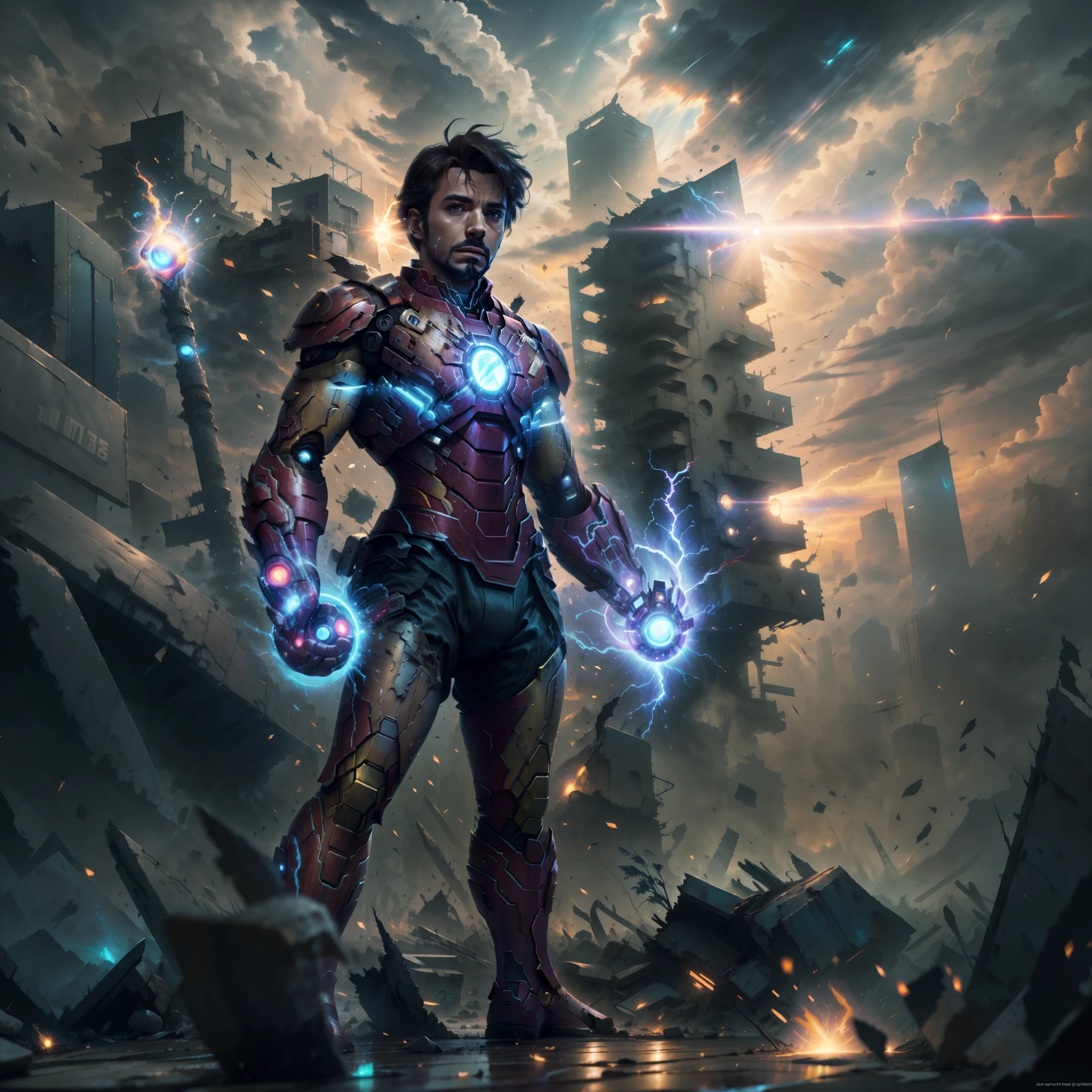 Iron Man，karo，superhero pose，standing in a ruined city at sunset，ultra - detailed，smog，spark of light，rays of sunshine，(8k)，realisticlying，，awardwinning，Cinematic lightning，，cinematic ligh， ，Scratches，Full body photo，closeup cleavage，， --auto