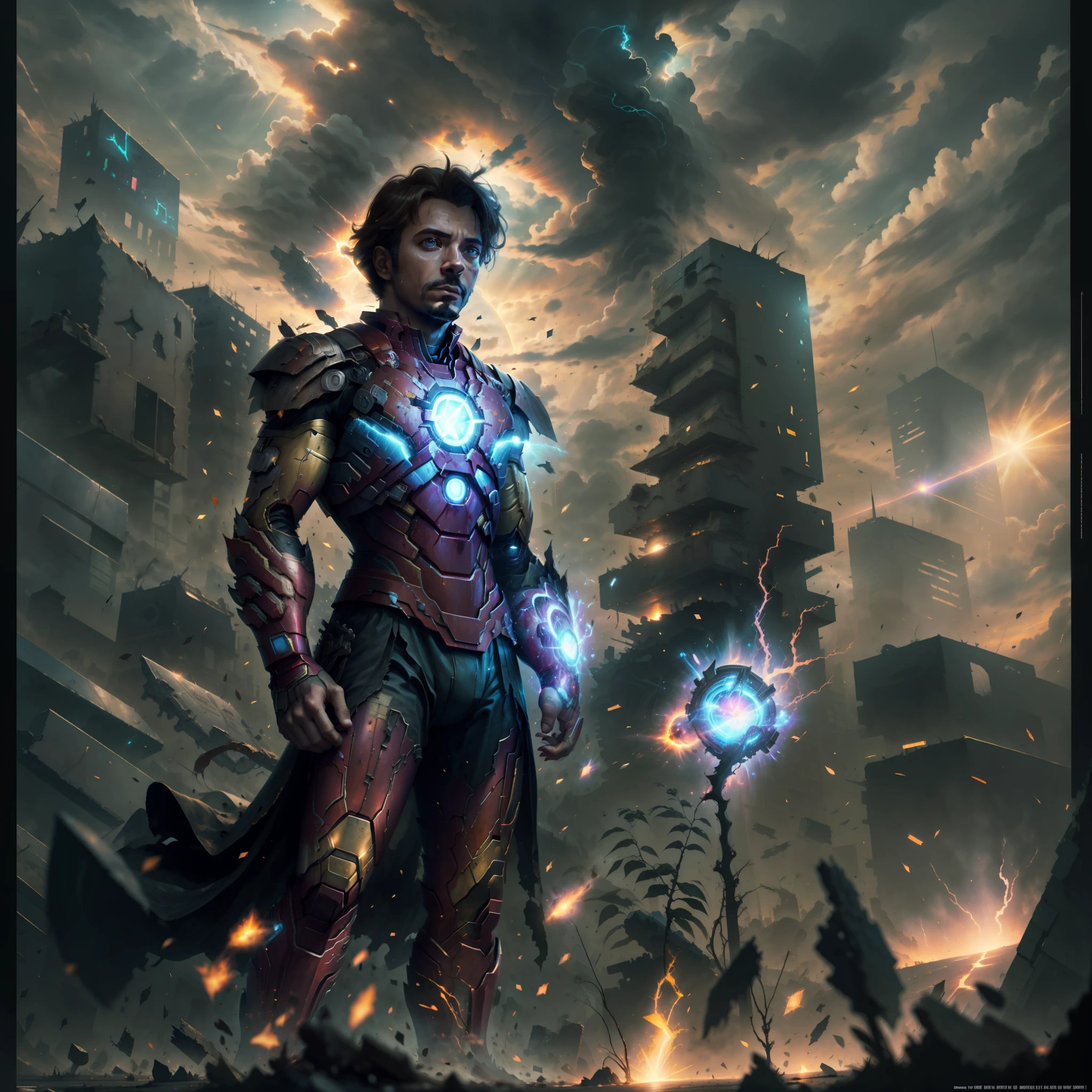 Iron Man，karo，superhero pose，standing in a ruined city at sunset，ultra - detailed，smog，spark of light，rays of sunshine，(8k)，realisticlying，，awardwinning，Cinematic lightning，，cinematic ligh， ，Scratches，Full body photo，closeup cleavage，， --auto