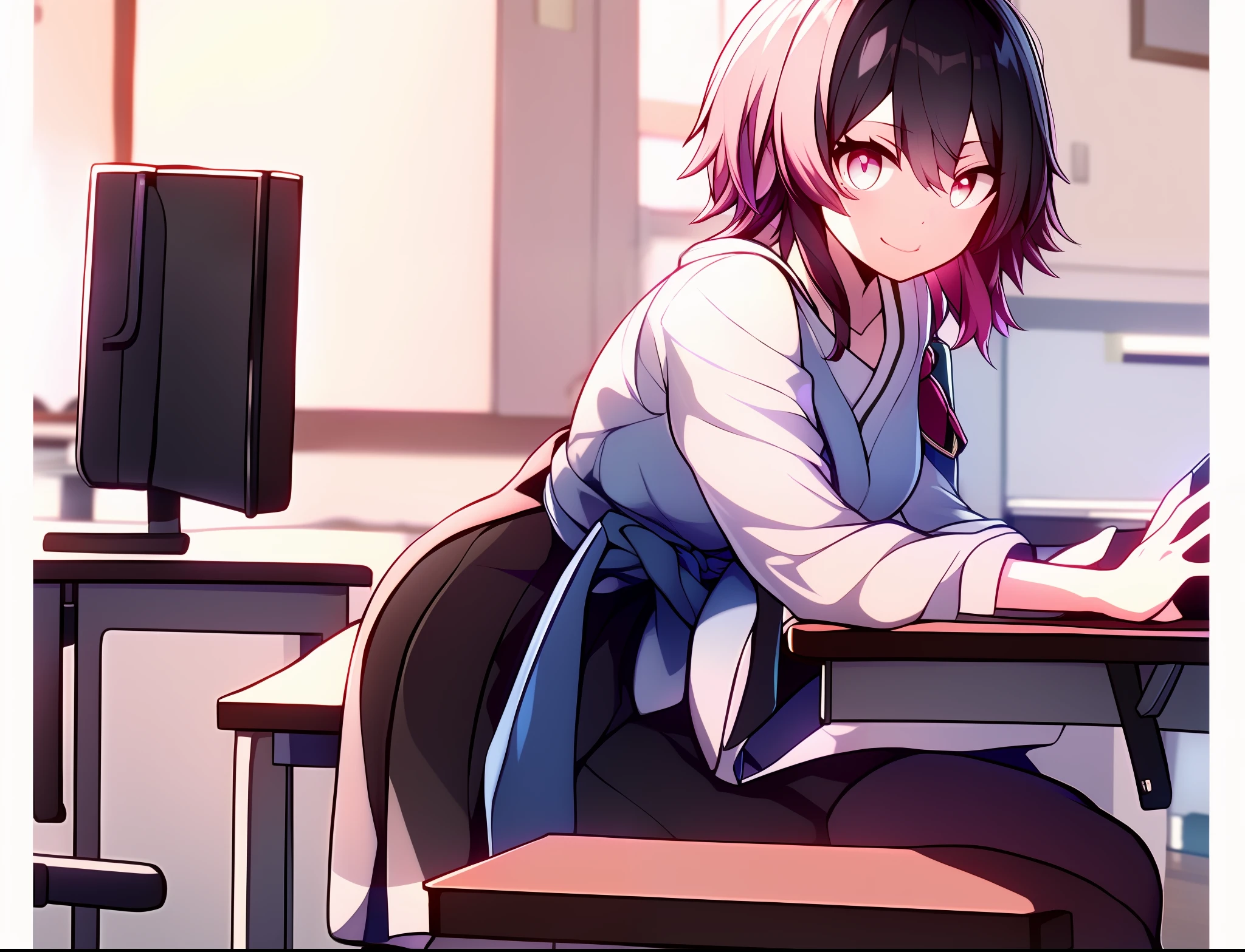 (Picture quality and style：best qualtiy、Excellent standard、Top store)(Japanese anime、Dynamic style)、(Black pantyhose girl、Ninja girl、solo performance)、(inside a classroom、On the table、16:9 computer wallpapers)