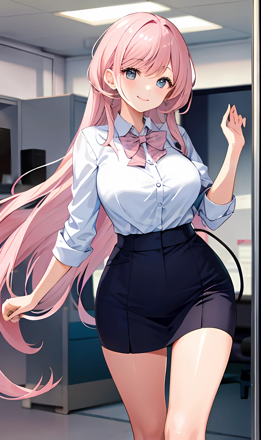 ((masterpiece, best)),(1girl),((mature woman)), light pink hair, dizzy, trumpet, ((office lady)), bangs, mid-chest, (full), slim, smiling, [wide hips] ,office,standing, aru \(blue archive\),