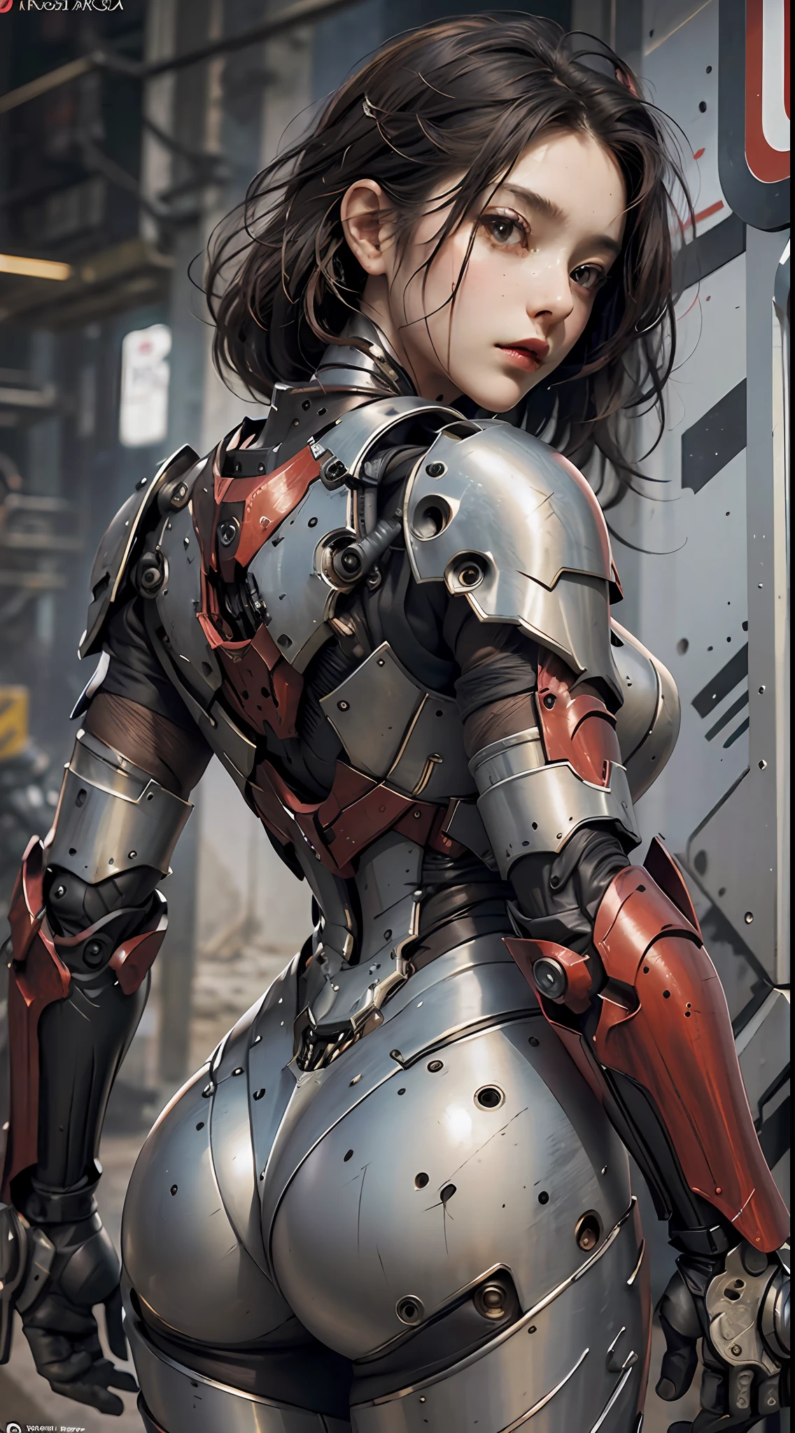 (Masterpiece), (Best quality), Photorealism, Realistic, Ultra detailed, Perfect face, Perfect body, 1girll, Beautiful girl, Girl in red armor, Mechanical armor, exoskeleton, Stand, Cool pose, Sexy, Watching from behind