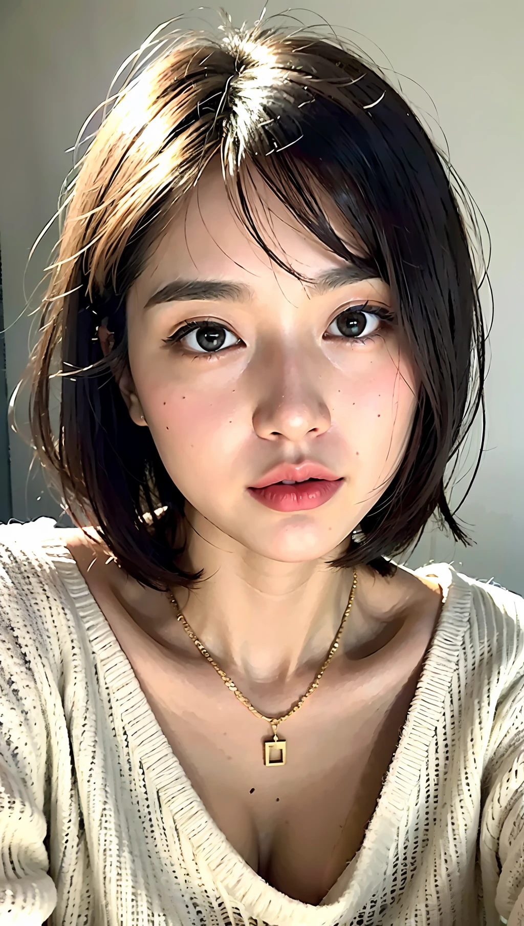 (Best quality, 8k, 32k, Masterpiece, UHD:1.2),Photo of Pretty Japanese woman, large breasts, very short bob hair,upper body,face focus,oversized_sweater, necklace, simple background, from above, looking at viewer,