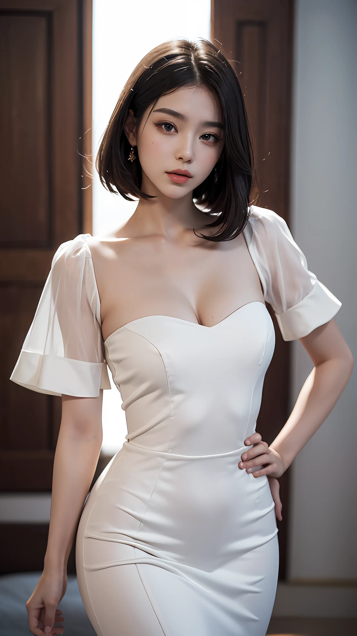 Best quality, masterpiece, ultra high res, photorealistic, (full shot:1.5), (1 girl), luxury dress, sharp focus, great body, random pose reference, monolid eyes, high bridged pointed nose, v-shaped face, pale skin, bokeh