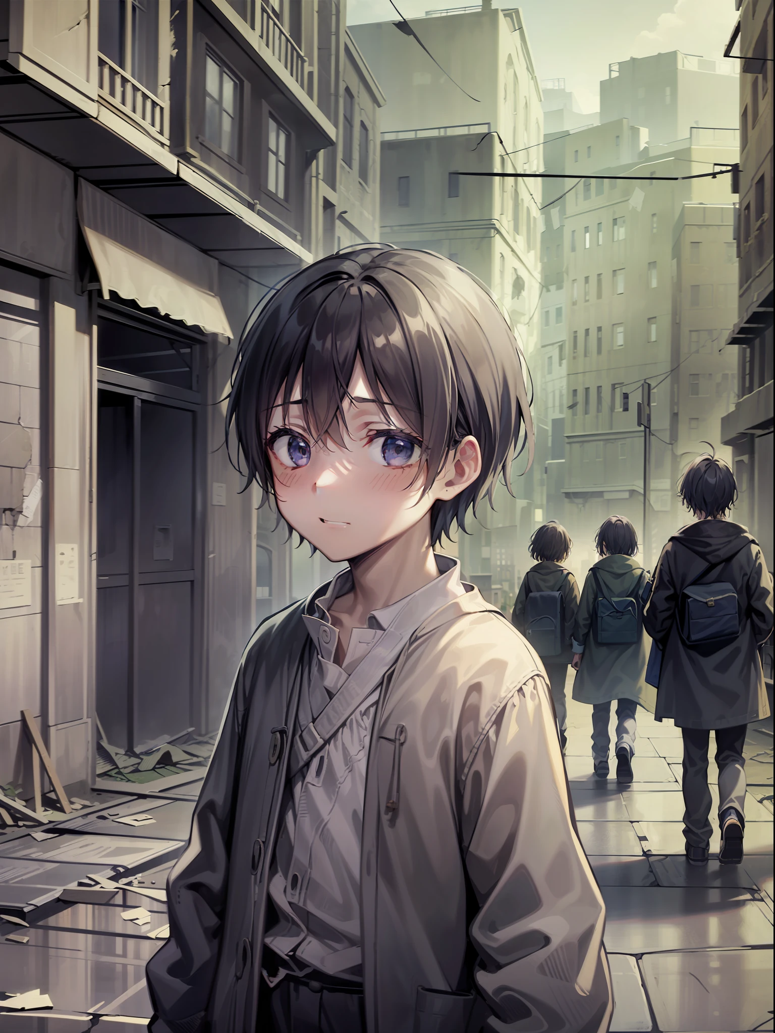 5 small children ,Dressed in rags。His expression was full of caution。He had a scared look on his face,The expression is full of malice and disgust。Connect them to the surrounding city and abandoned environment。The scenery is dark,Crumbling buildings and shadows evoke a mysterious and dark atmosphere。