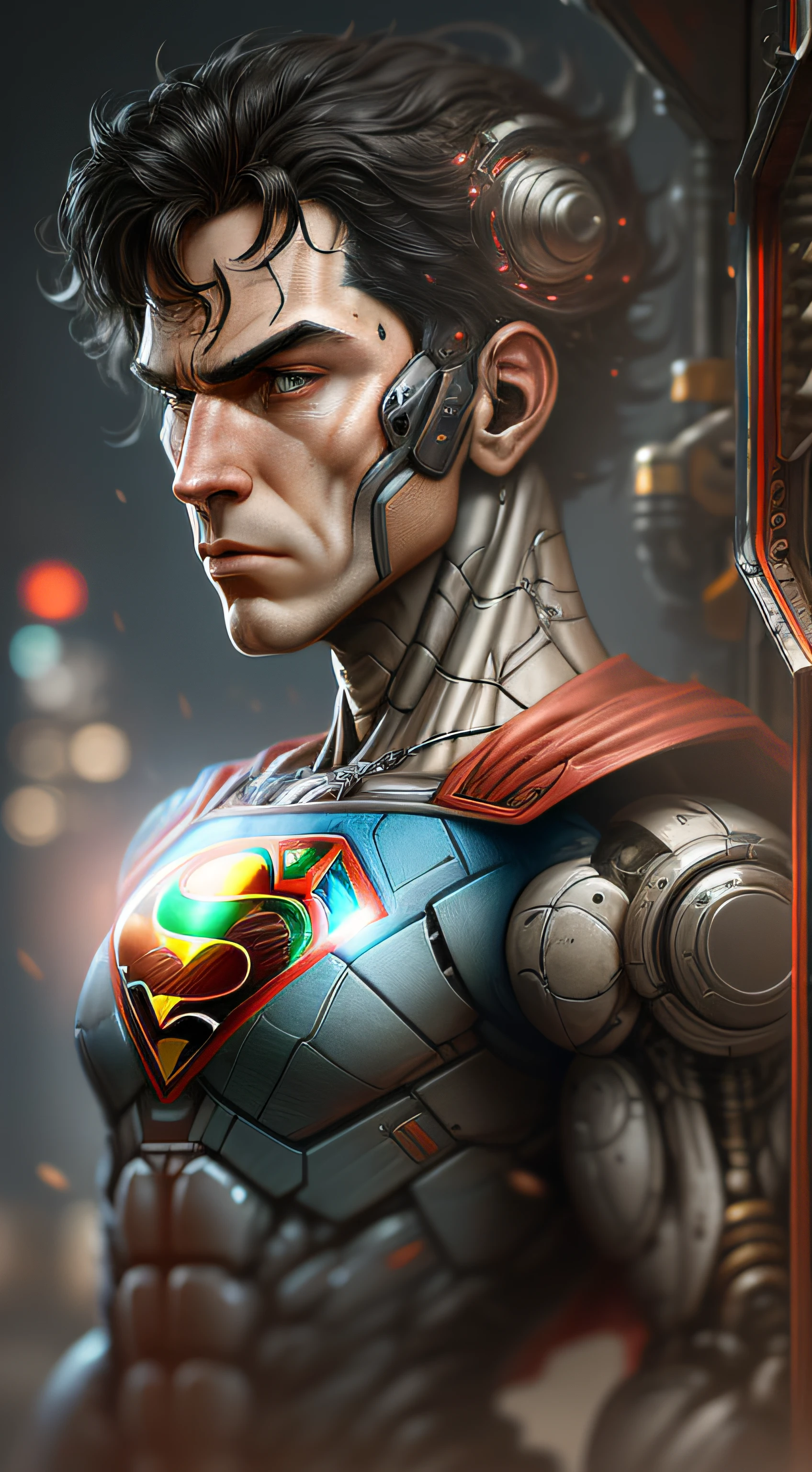 superman from DC photography, biomechanical, complex robot, full growth, hyper-realistic, insane small details, extremely clean lines, cyberpunk aesthetic, masterpiece featured on Zbrush Central