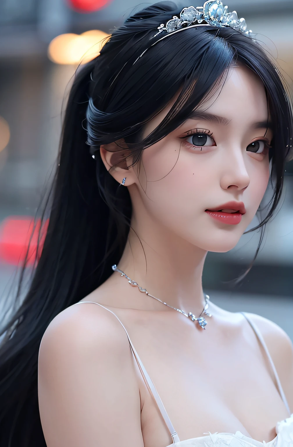 ((addielyn, wearing glass, black hair)), Random posture, (An extremely delicate and beautiful work), (masterpiece), 1girl, extremely detailed elegant wedding dress, tiara, highly detailed, ponytail contorted, charming expression, beautiful and clear eyes, green eye pupil, delicate necklace, delicate earrings, simple blurred background, extreme detail description, beautiful, charming, ultra-fine painting, delicate face, delicate figure, Fine collarbones, lovely lips, soft behind, mix4,(8k, RAW photo, best quality, masterpiece:1.2), (realistic, photo-realistic:1.37),1girl,cute,cityscape, night, rain, wet, professional lighting, photon mapping, radiosity, physically-based rendering, above waist,