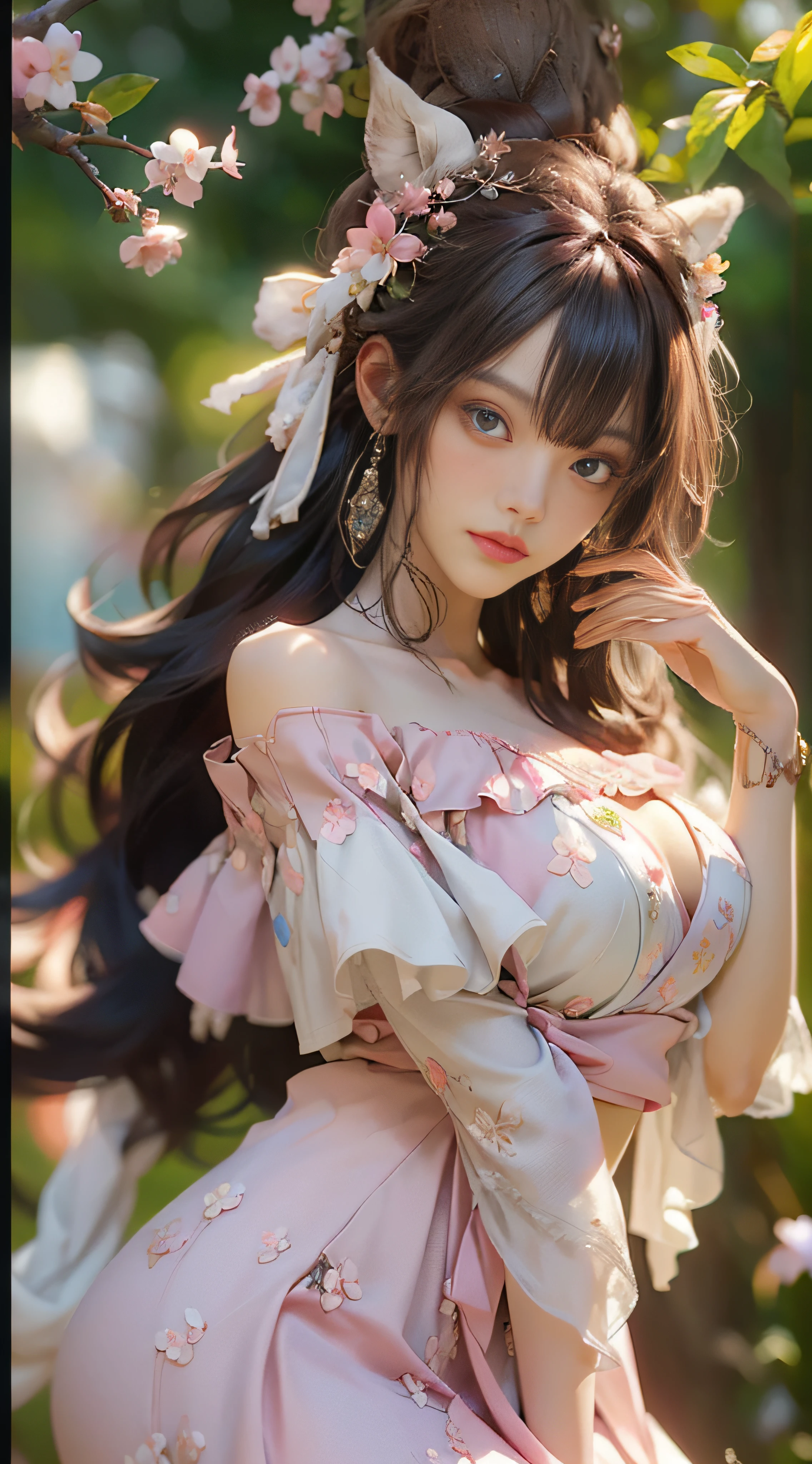 （（best qualtiy））， （（tmasterpiece））， （detail：1.4）， 3D， Beautiful antique female image，hdr（HighDynamicRange），Ray traching，NVIDIA RTX，Hyper-Resolution，illusory 5，sub surface scattering，PBR textures，post-proces，Anisotropy Filtering，depth of fields，maximum definition and sharpness，Many-Layer Textures，Albedo e mapas Speculares，Surface coloring，Mitsu-Accurate simulation of material interactions，perfectly proportioned，rendering by octane，Two-colored light，largeaperture，Low ISO，White balance，Rule three points、8K raw data、beautiful bright pupils，off-the-shoulder clothes，Fine pupils，Delicate face and eyes，long eyelasher，Blushlush，Delicate and fluffy hair，pink lip，Pure，Cute big breasts，Sweet girl，Artistic sense，Casual wear，Advancedsense，butterflys，Cherry blossom petal，Beautiful hair accessories，Hair fluttering in the wind