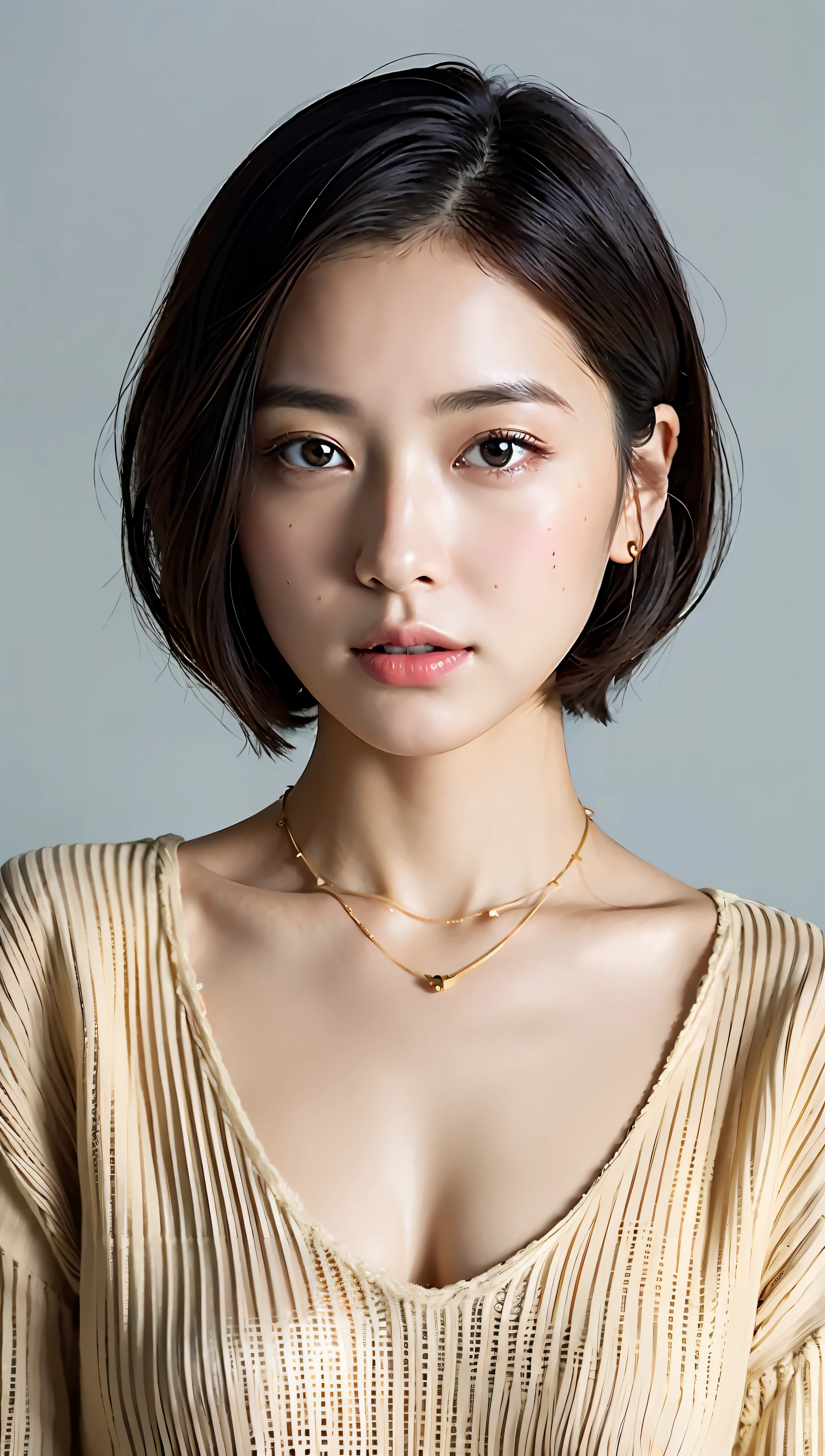 (Best quality, 8k, 32k, Masterpiece, UHD:1.2),Photo of Pretty Japanese woman, large breasts, very short bob hair,upper body,face focus,oversized_sweater, necklace, simple background, from above, looking at viewer,