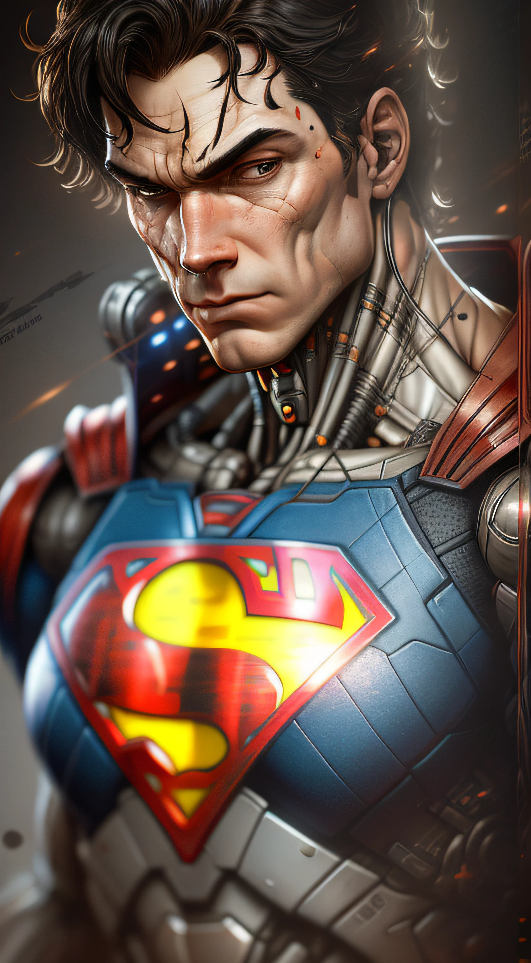 superman from DC photography, biomechanical, complex robot, full growth, hyper-realistic, insane small details, extremely clean lines, cyberpunk aesthetic, masterpiece featured on Zbrush Central