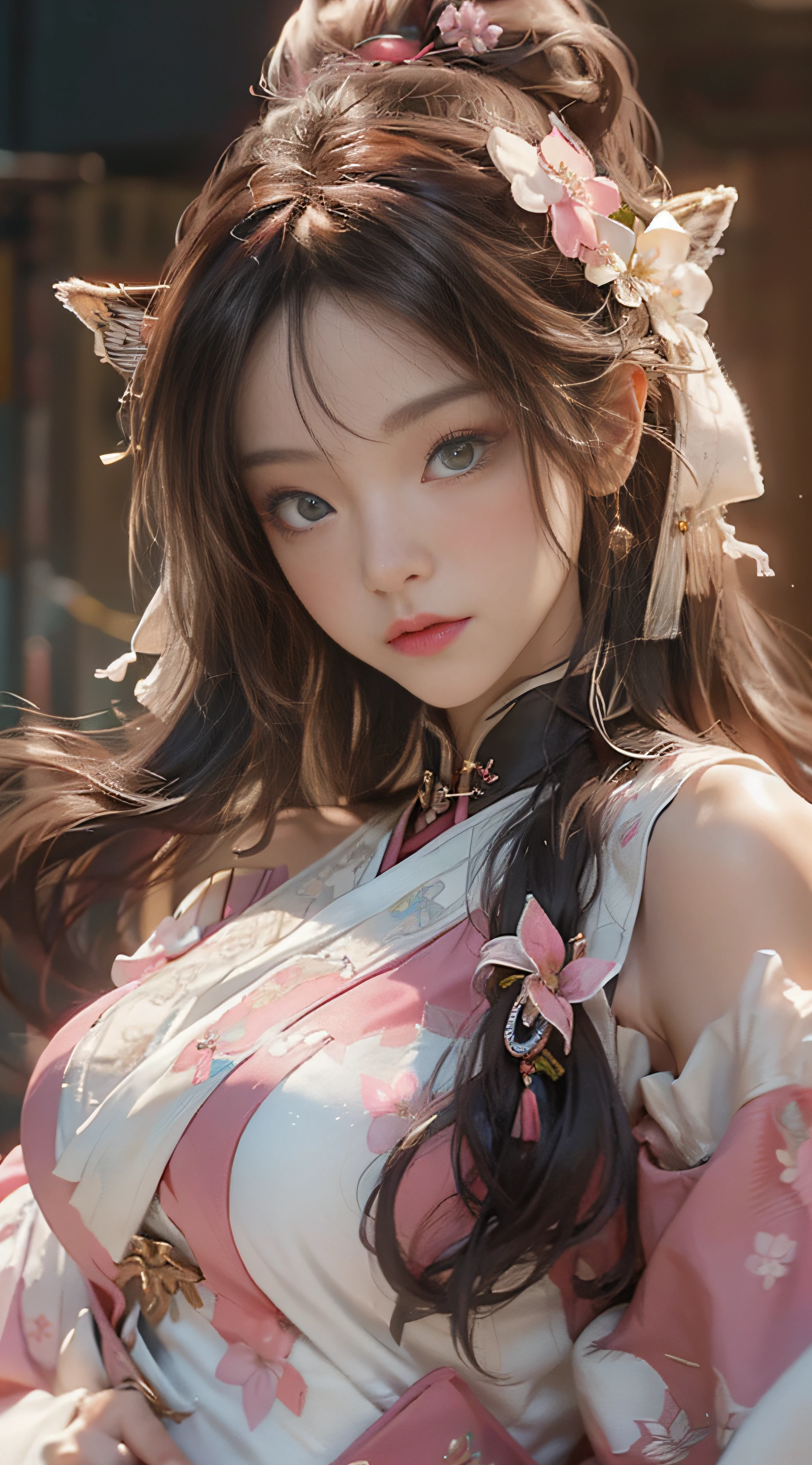 ((best qualtiy)), ((tmasterpiece)), (detail:1.4), 3D, Beautiful female image of Xiuxian Shu,hdr(HighDynamicRange),Ray traching,NVIDIA RTX,Hyper-Resolution,illusory 5,sub surface scattering,PBR textures,post-proces,Anisotropy Filtering,depth of fields,maximum definition and sharpness,Many-Layer Textures,Albedo e mapas Speculares,Surface coloring,Mitsu-Accurate simulation of material interactions,perfectly proportioned,rendering by octane,Two-colored light,largeaperture,Low ISO,White balance,Rule three points、8K raw data、beautiful bright pupils,off-the-shoulder clothes,Fine pupils,Delicate face and eyes,long eyelasher,Blushlush,Delicate and fluffy hair,pink lip,Pure,Cute big breasts,Sweet girl,Artistic sense,Casual wear,Advancedsense,butterflys,Cherry blossom petal,Beautiful hair accessories,Hair fluttering in the wind