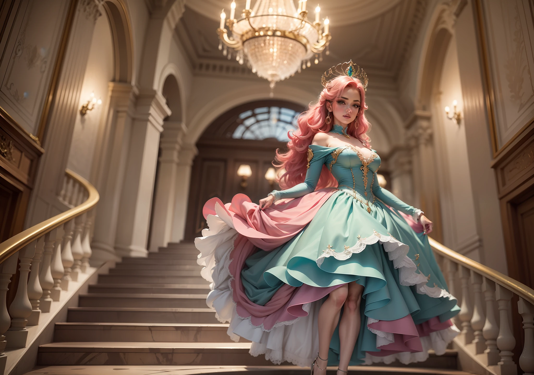 Uma mulher ruiva com olhos verdes, ela tem cabelos compridos, direto na raiz, com cachos nas extremidades, nariz fino, She's standing on a grand staircase in a ballroom, A escadaria foi elegantemente decorada, In the hall was a chandelier, A mulher usava um vestido de princesa sem decote azul, ela estava usando uma gargantilha de diamantes, ela usava brincos de diamante, uma pulseira de prata com safiras, a mulher usava um leve; makeup The woman wore fine-heeled shoes that were made of crystal in the ballroom, had an elegant decoration, the woman's hair was loose, she had pink lips;