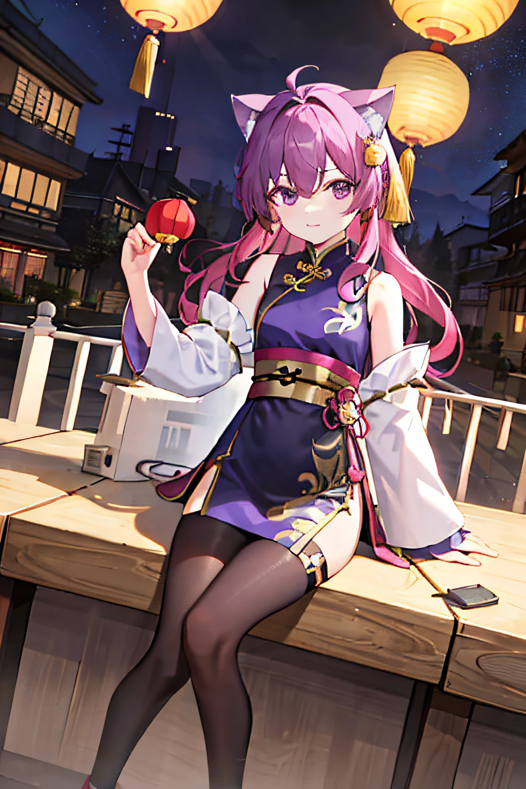 16k，HD，Long purple hair，Cat ears，Purple jewel colored eyes，15year old，Thin stature，Height 170cm，Dark purple bandeau evening dress with gold stripes（Chinese dress），Black tights（The left thigh is decorated with gold patterns），Bare shoulders，Small purple high heels，Yupei，Chinese，Lantern Festival background，A gentle breeze，In a busy city，Grab a bunch of grilled fish，Very cute。