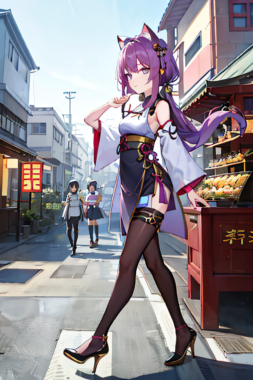 16k，HD，Long purple hair，Cat ears，Purple jewel colored eyes，15year old，Thin stature，Height 170cm，Dark purple bandeau evening dress with gold stripes（Chinese dress），Black tights（The left thigh is decorated with gold patterns），Bare shoulders，Small purple high heels，Yupei，Chinese，Lantern Festival background，A gentle breeze，In a busy city，Grab a bunch of grilled fish，Very cute。