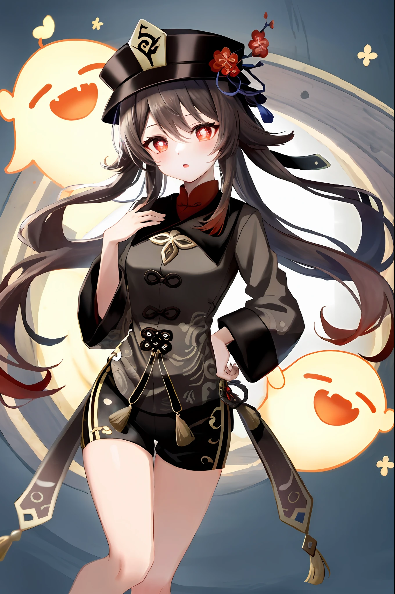 masterpiece, best quality,
1girl, hu tao (genshin impact), boo tao,hat, red eyes, twintails, brown hair, solo, symbol-shaped pupils, long hair,bangs, black shorts , chinese clothes,