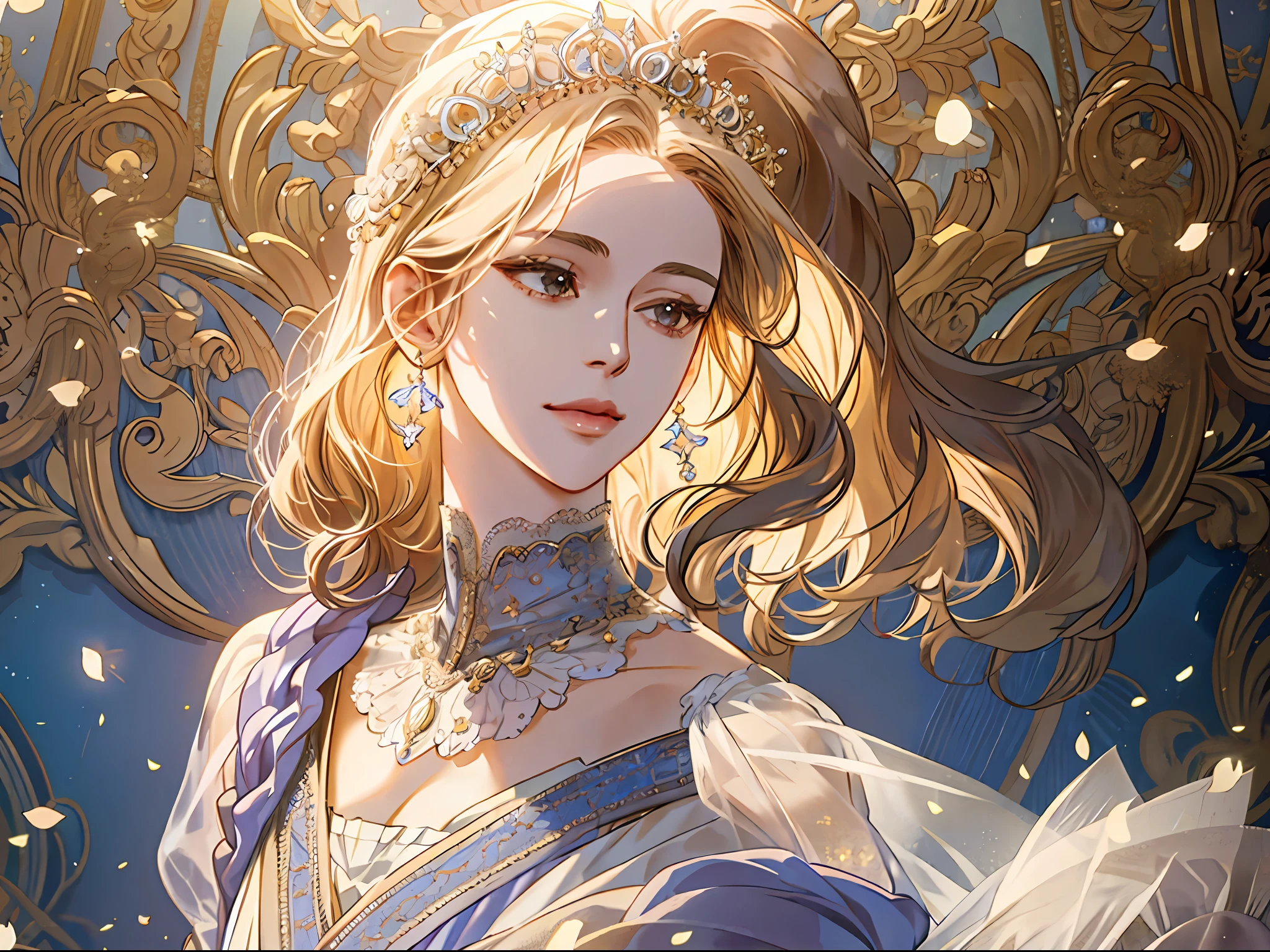 shoujo-style, (extremely delicate and beautiful:1.2), 8k,(masterpiece:1.0),(best_quality:1.0), 1girl, mature woman, complex details, enlarged textures, complex details, finely detailed eyes and detailed face, intricate details, (cleavage), royal dress, (closed mouth), perfect eyes, equal eyes, light smile, (goddess)