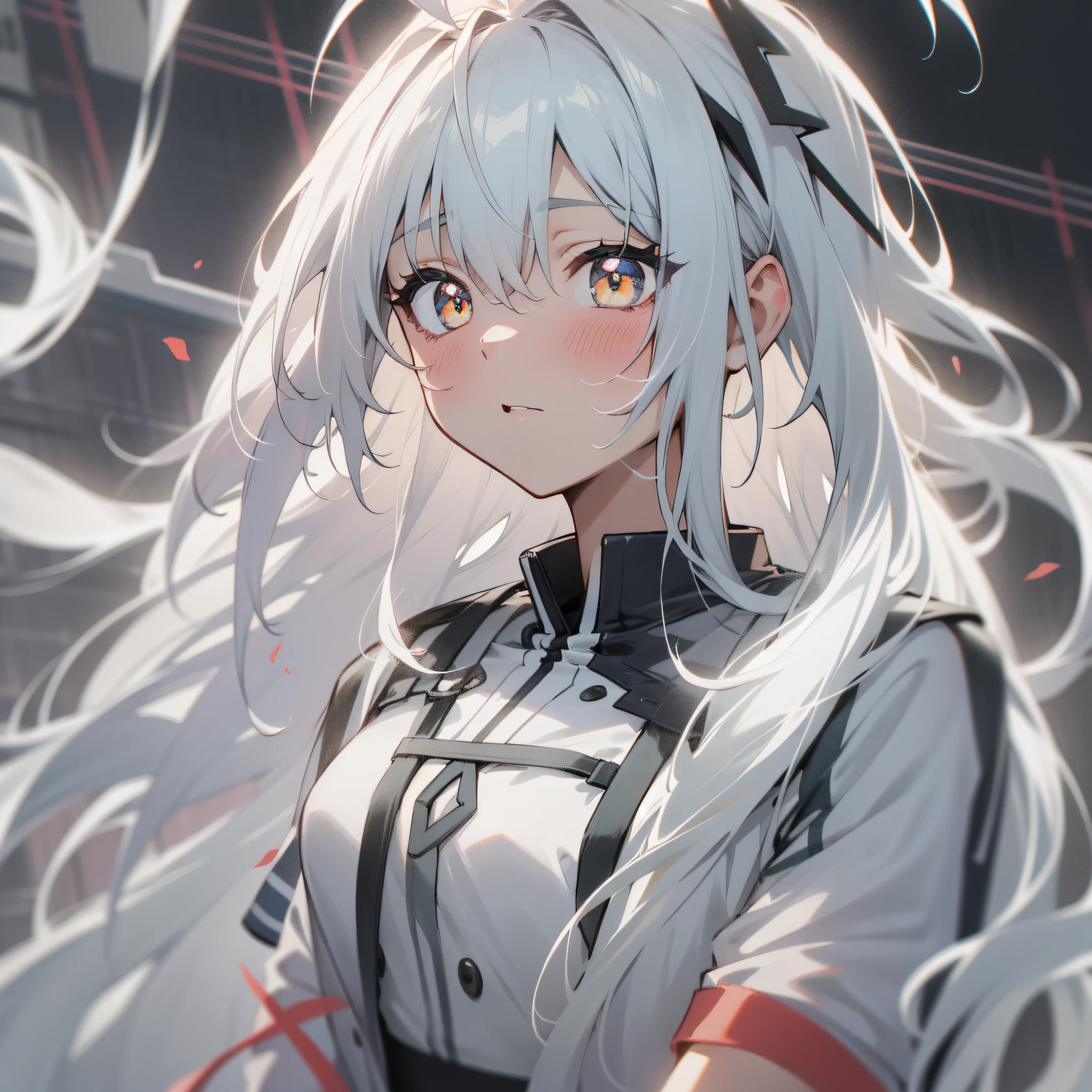 whaite hair，Long hair，Messy hairstyle，ahoge，Brunette band，Pupils of different colors，Anime style，romanticism lain，speed-line，Atmospheric perspective，hyper HD，Fine and detailed，high qulity，8K分辨率，Masterpiece-quality images。