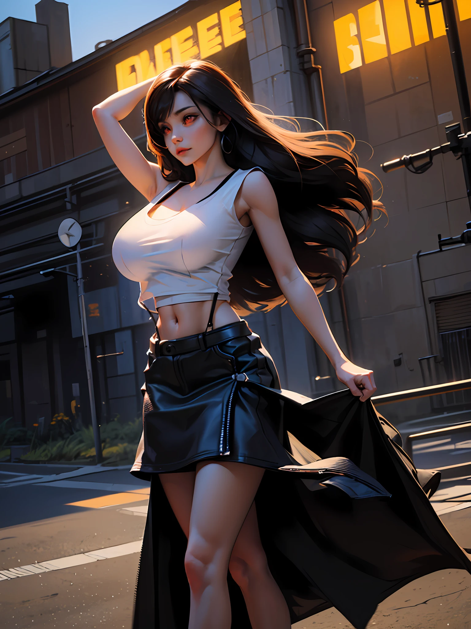 official art, unity 8k wallpaper, ultra detailed, beautiful and aesthetic, masterpiece, best quality, extremely detailed, dynamic angle, cowboy shot, elegant, vivid colours, atmospheric. Tifa lockhart, long black hair, red eyes, hair bangs, (white tank top:1.5), white top, (black miniskirt:1.4), suspenders, stockings, (huge breasts:1.5), cleavage, (red eyes:1.5)one girl, 1 girl, thin waist, wide hips, exposed abdomen, toned abs, toned arms, close up, see through clothes, semi transparant clothes, outside an industrial factory at night, a green atmospheric glow